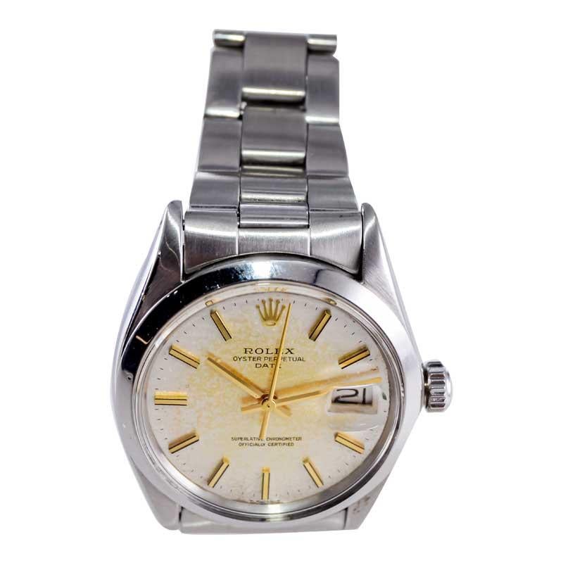 Rolex Steel Oyster Perpetual Date with Exceptional Factory Patinated Dial 1970's For Sale 3