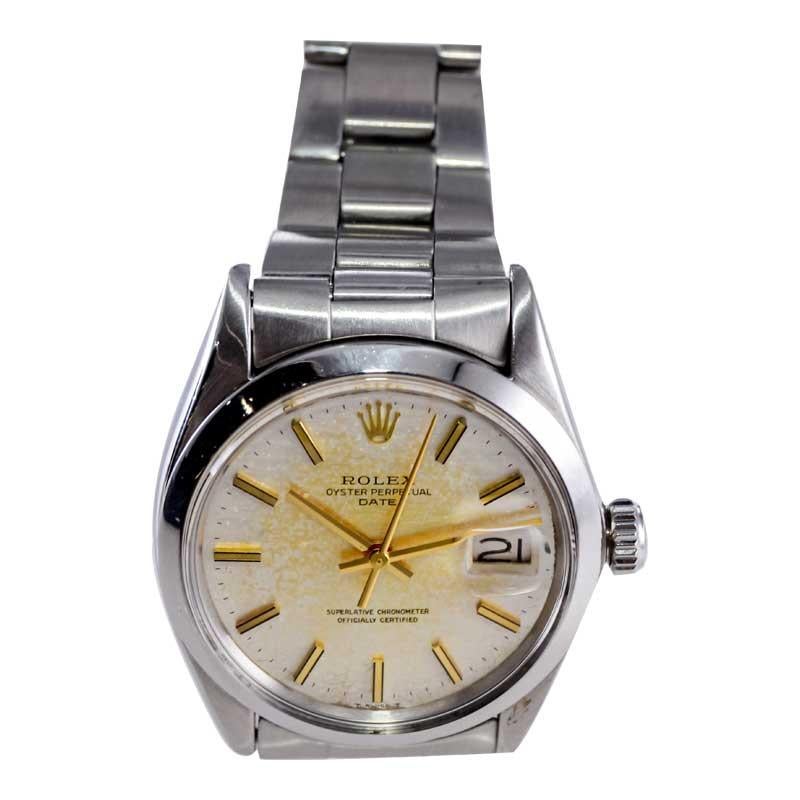 Rolex Steel Oyster Perpetual Date with Exceptional Factory Patinated Dial 1970's For Sale 4