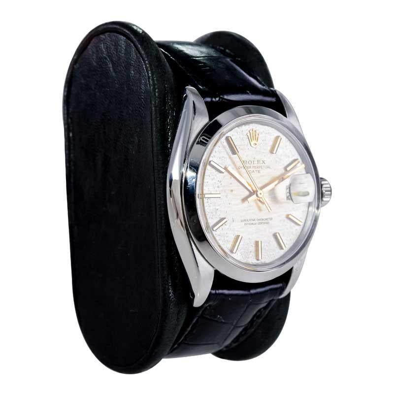 Modernist Rolex Steel Oyster Perpetual Date with Exceptional Factory Patinated Dial 1970's For Sale