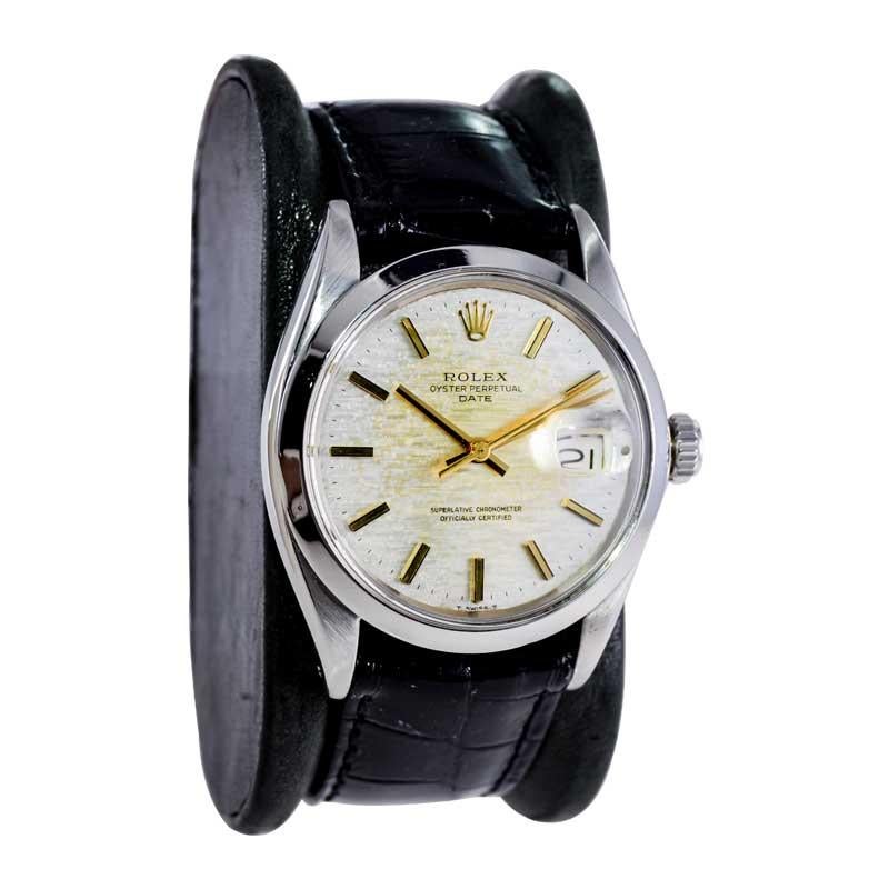 Women's or Men's Rolex Steel Oyster Perpetual Date with Exceptional Factory Patinated Dial 1970's