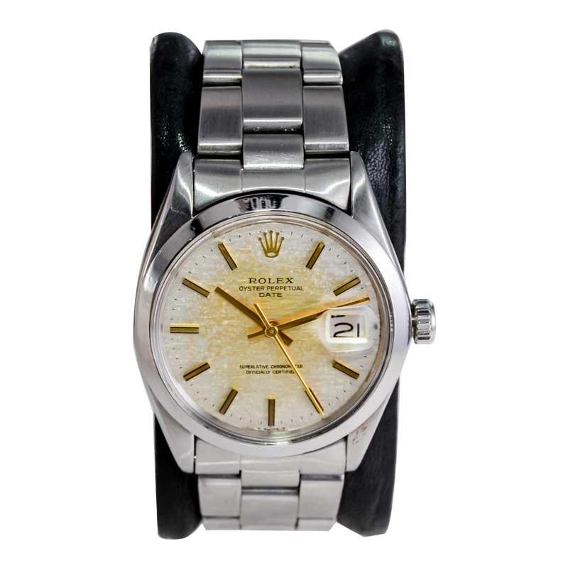 Modernist Rolex Steel Oyster Perpetual Date with Exceptional Factory Patinated Dial 1970's For Sale