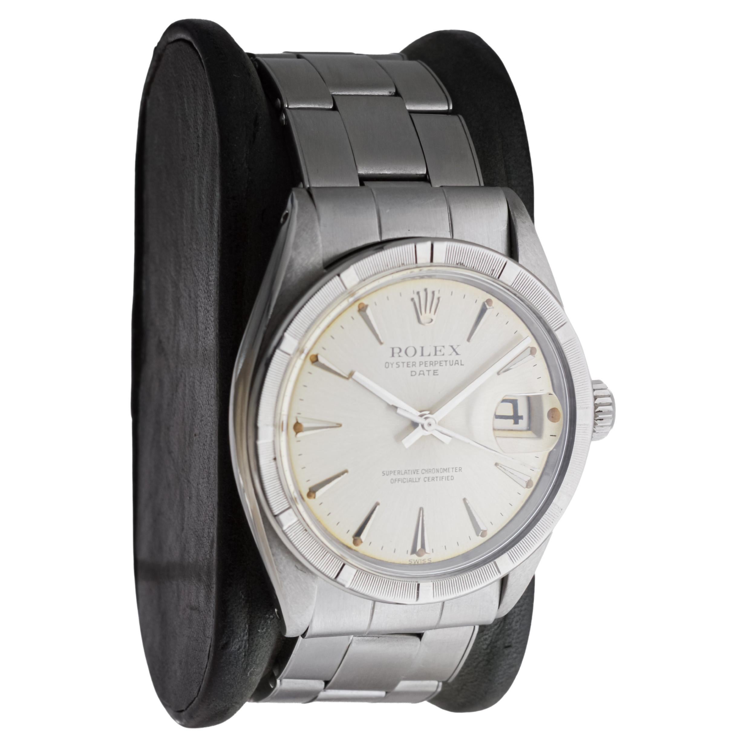 FACTORY / HOUSE: Rolex Watch Company
STYLE / REFERENCE: Oyster Perpetual Date / Reference 1501
METAL / MATERIAL: Stainless Steel
CIRCA / YEAR: 1962
DIMENSIONS / SIZE: Length 41mm X Diameter 35mm
MOVEMENT / CALIBER: Perpetual Winding / 26 Jewels /
