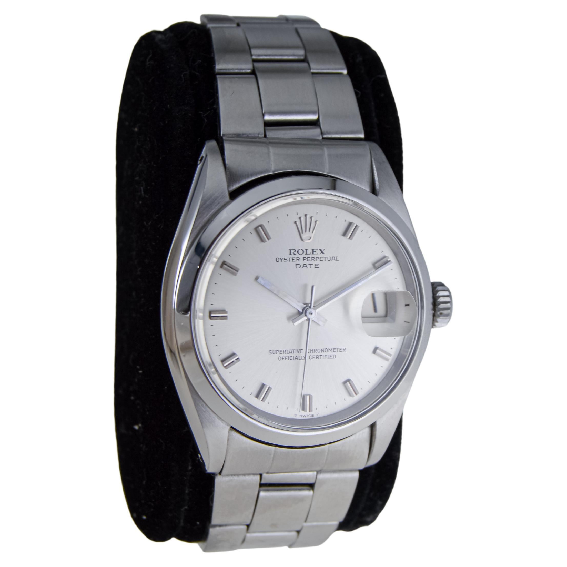 FACTORY / HOUSE: Rolex Watch Company
STYLE / REFERENCE: Oyster Perpetual Date / Reference 1500
METAL / MATERIAL: Stainless Steel
CIRCA / YEAR: 1960's
DIMENSIONS / SIZE: 40mm Length X 34mm Diameter 
MOVEMENT / CALIBER: Perpetual Winding / 26 Jewels /