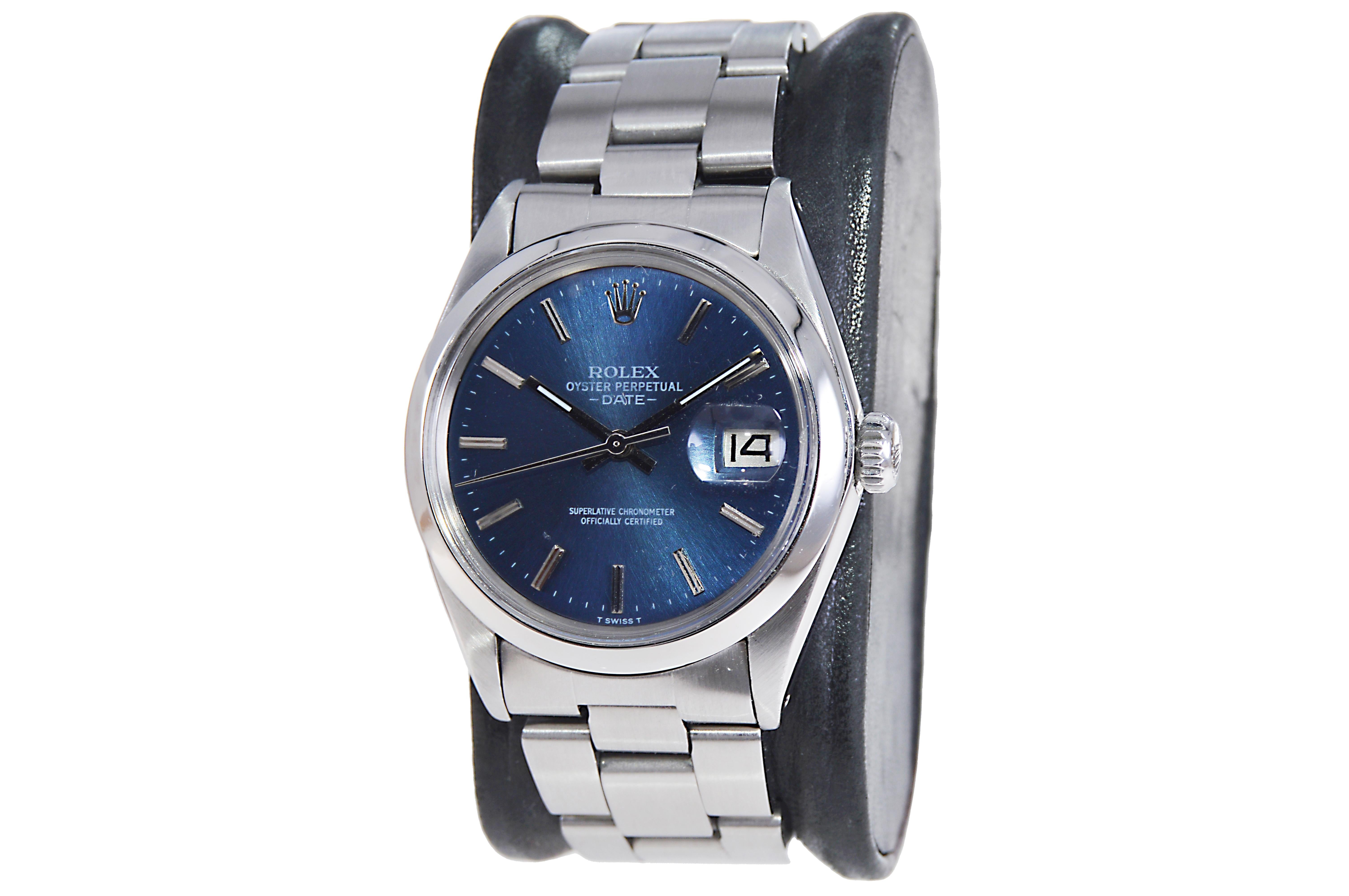 Modernist Rolex Steel Oyster Perpetual Date with Original Blued Dial 1970's For Sale