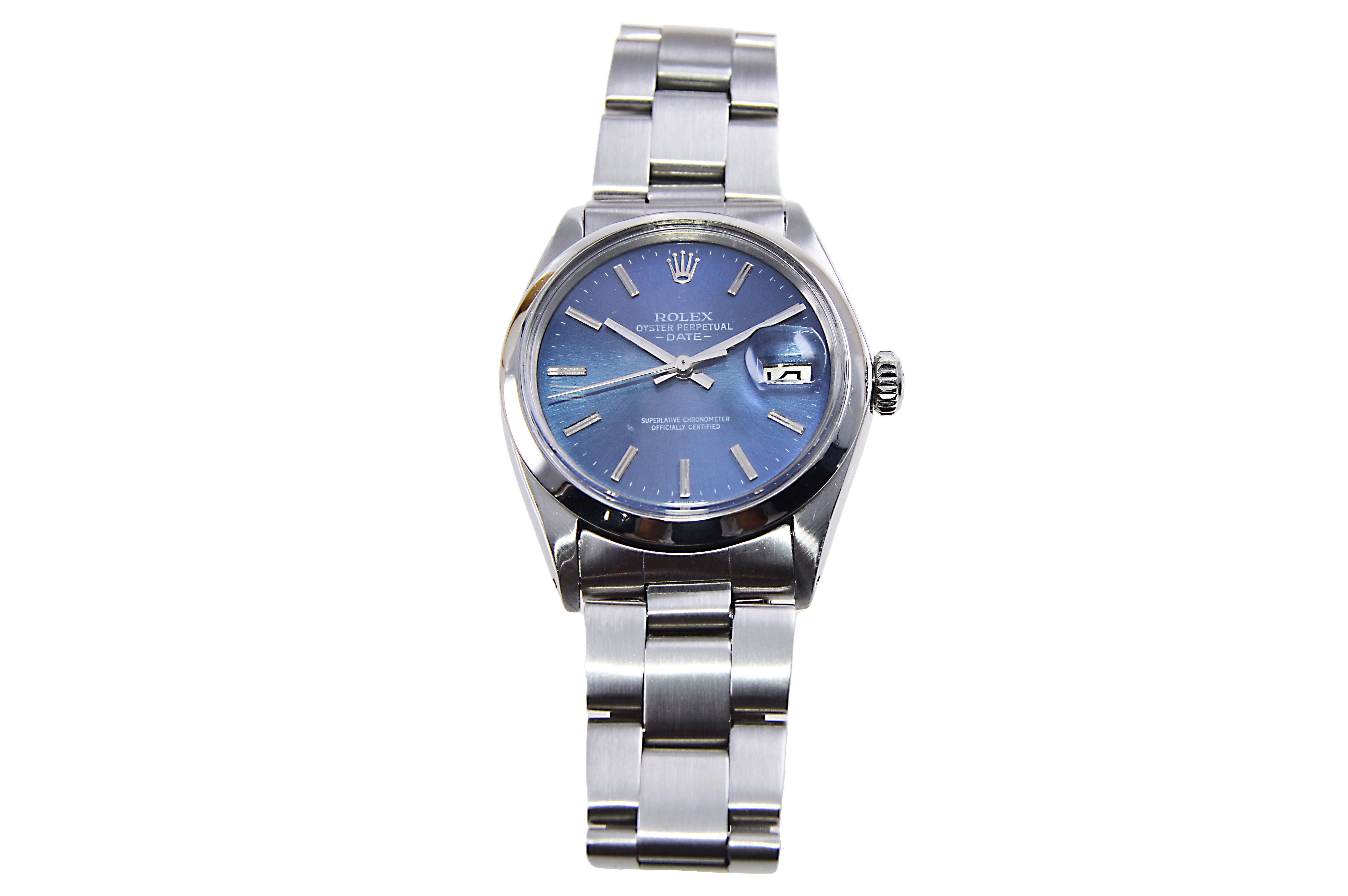 Rolex Steel Oyster Perpetual Date with Original Blued Dial 1970's For Sale 1