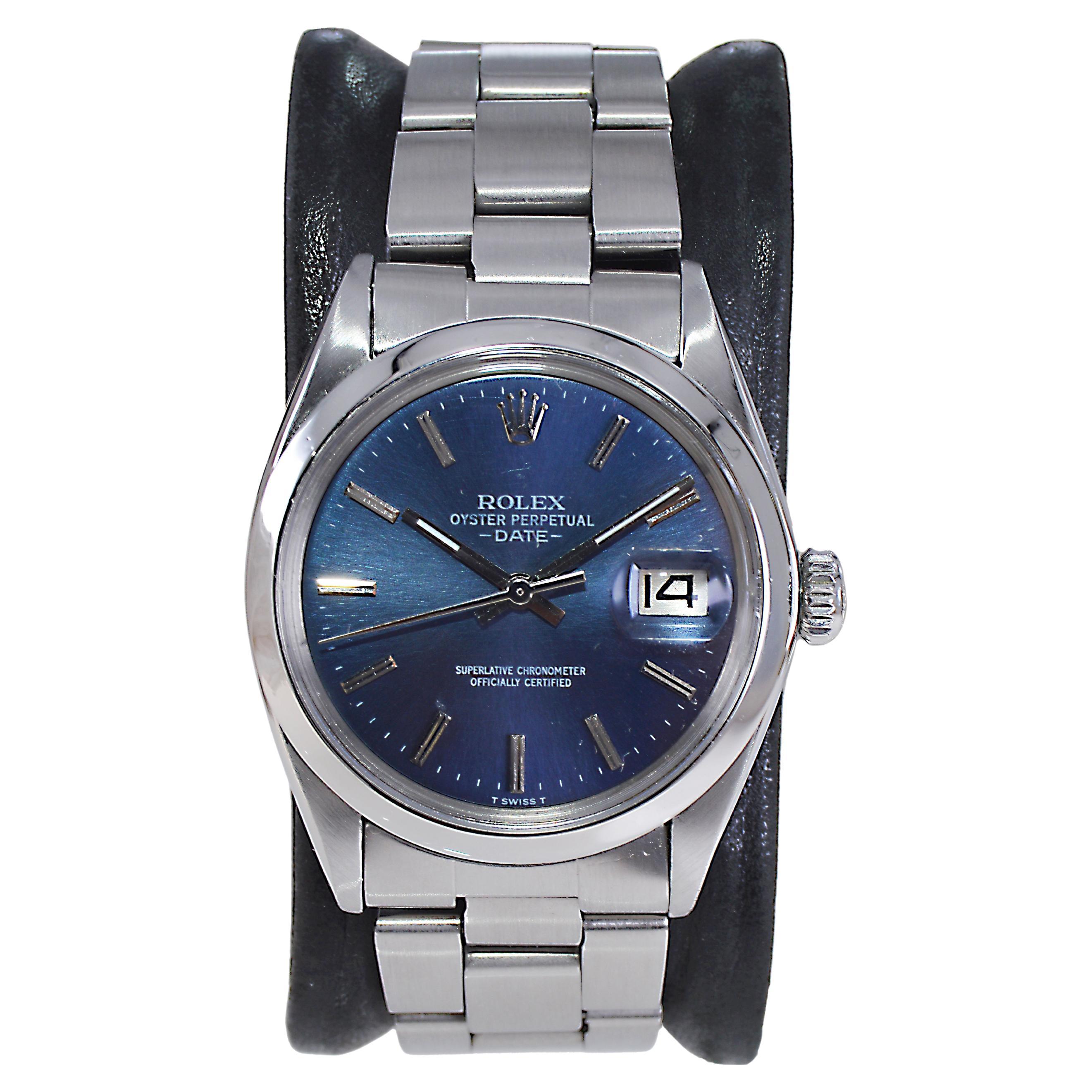 Rolex Steel Oyster Perpetual Date with Original Blued Dial 1970's For Sale