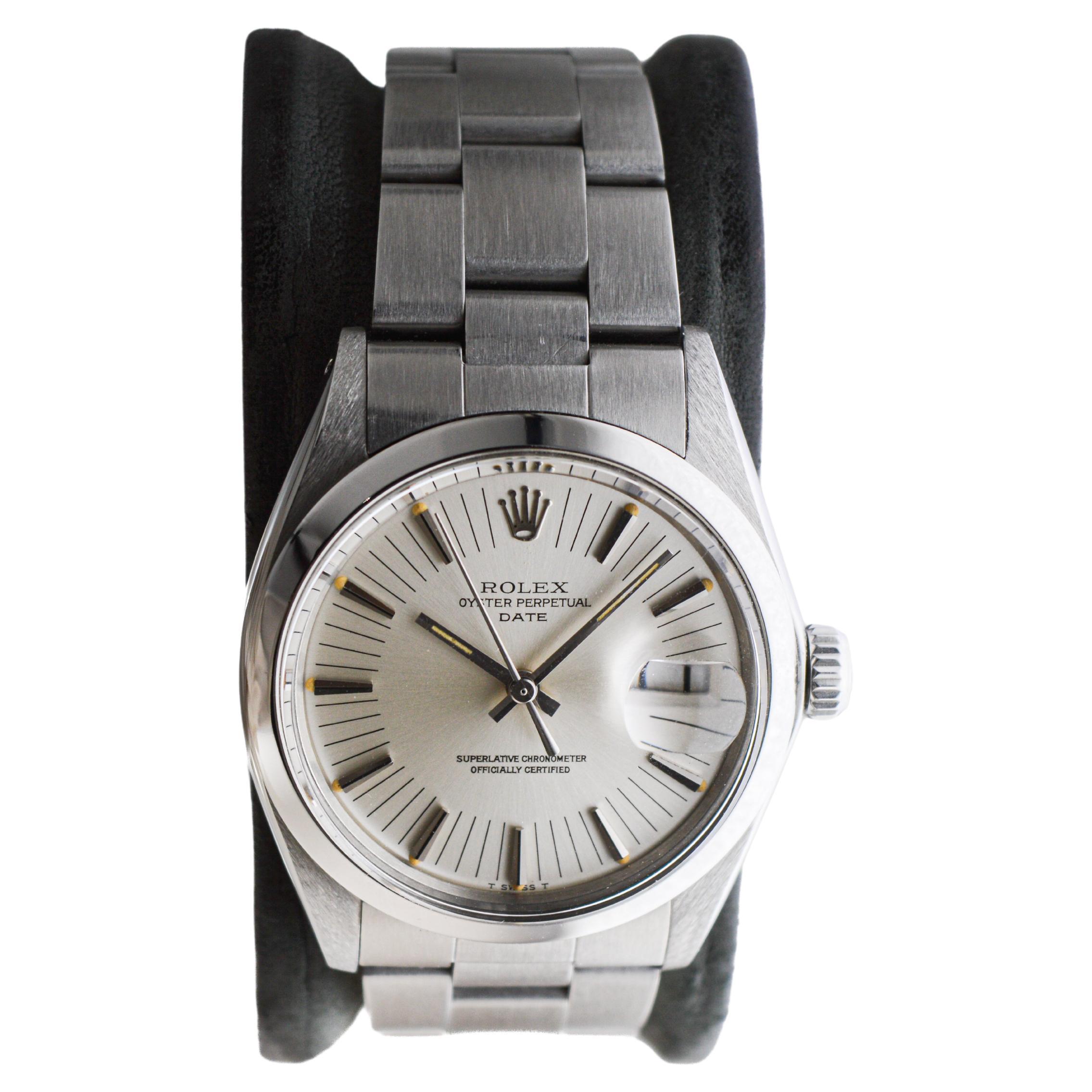 Modern Rolex Steel Oyster Perpetual Date with Original Bracelet From 1973 Rare Dial For Sale