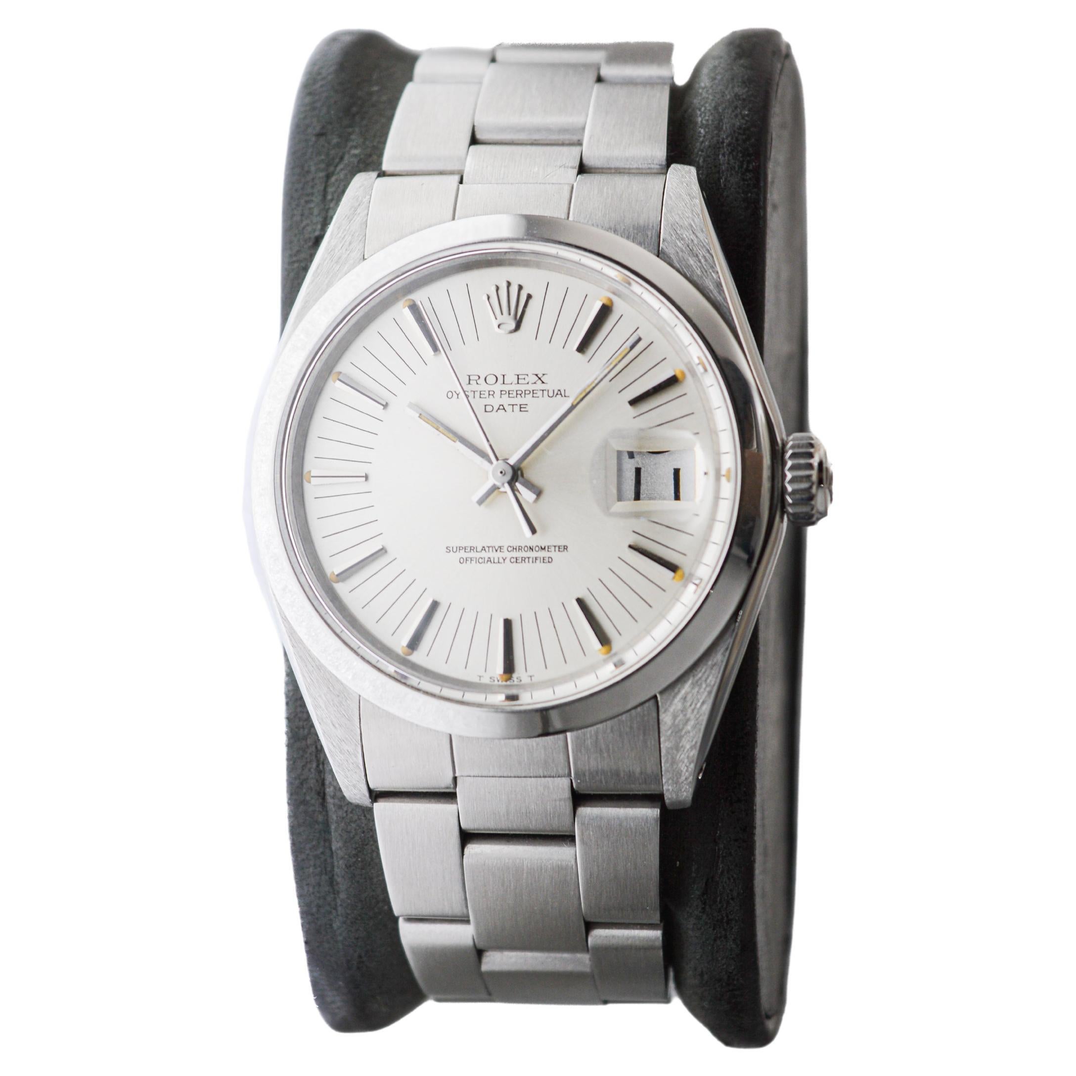 Modern Rolex Steel Oyster Perpetual Date with Original Bracelet From 1973 Rare Dial For Sale