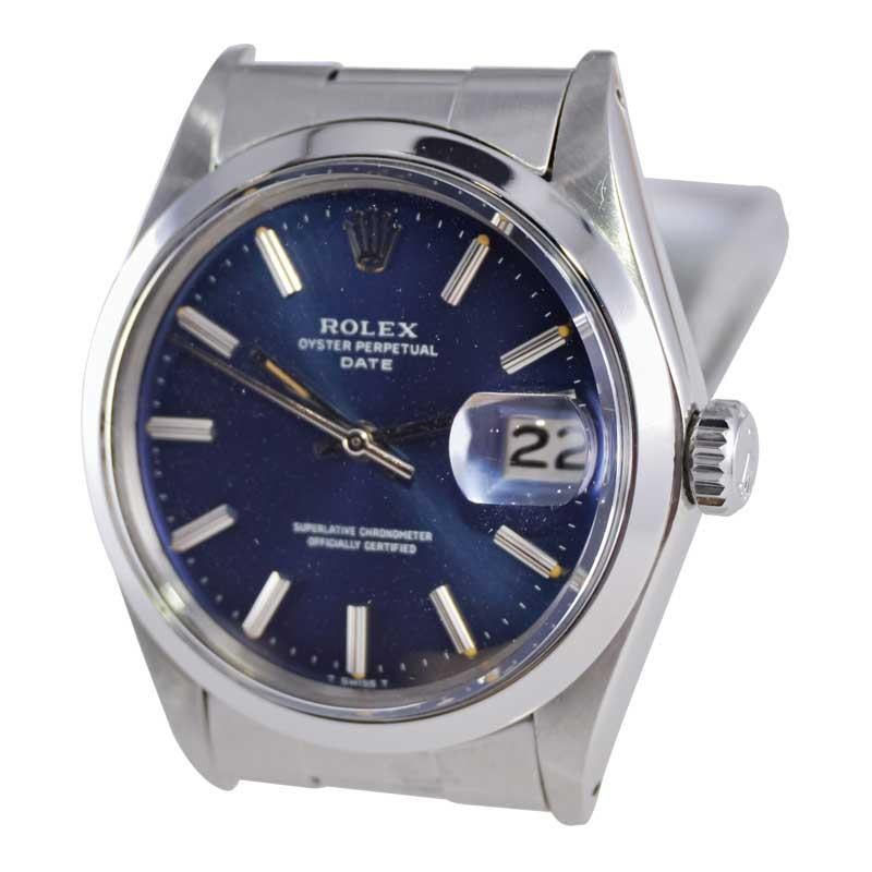 Rolex Steel Oyster Perpetual Date with Factory Original Blue Dial 1970's 2