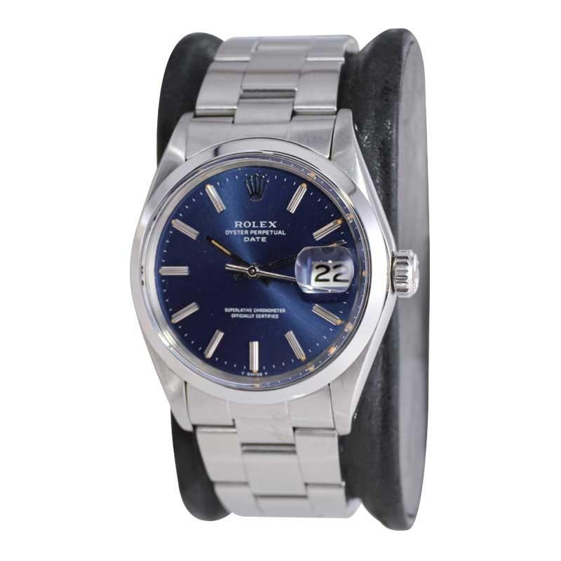 Modernist Rolex Steel Oyster Perpetual Date with Factory Original Blue Dial 1970's