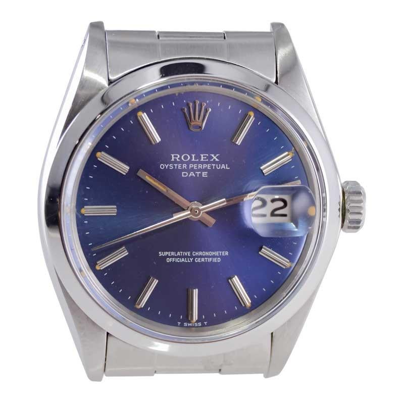 Women's or Men's Rolex Steel Oyster Perpetual Date with Factory Original Blue Dial 1970's