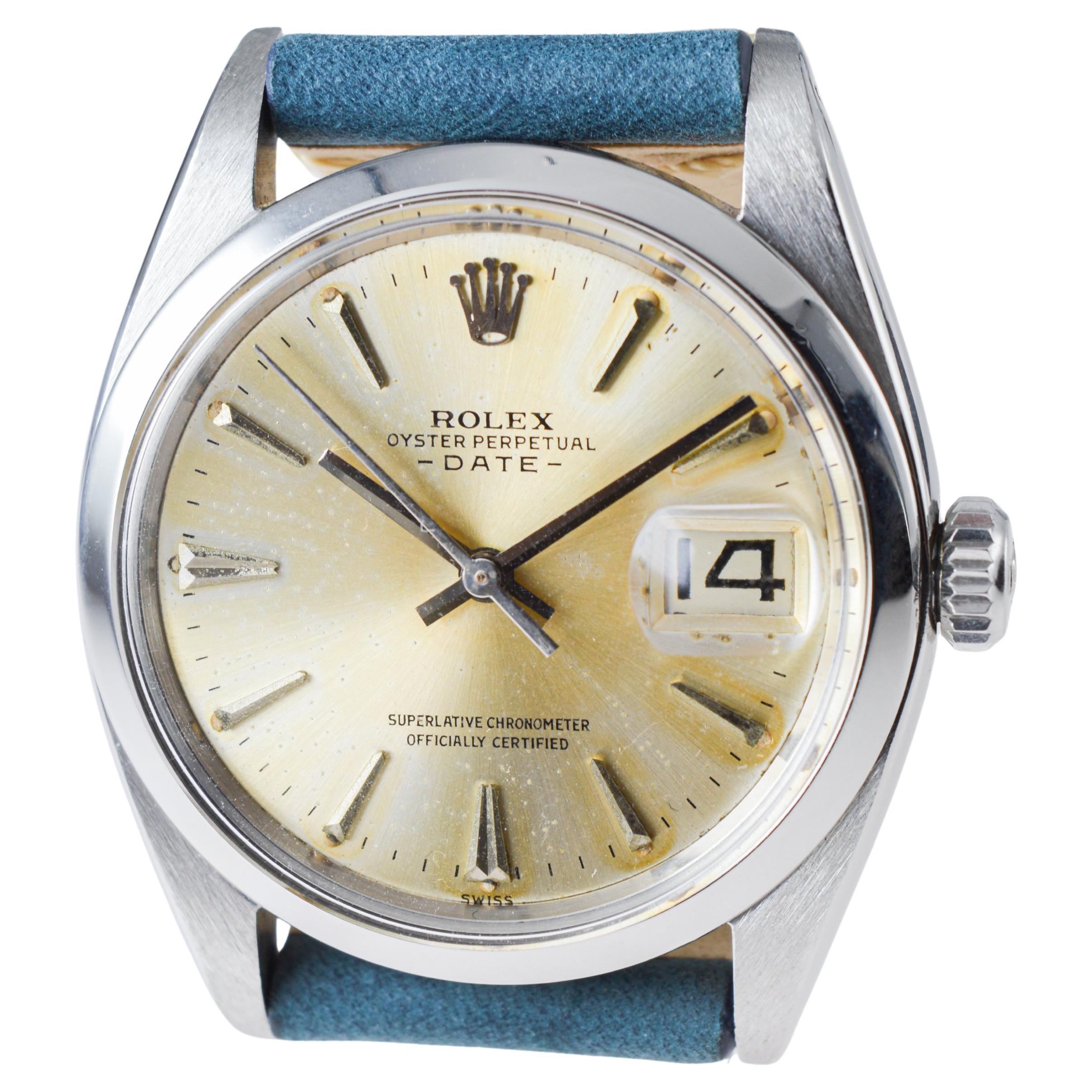 Rolex Steel Oyster Perpetual Date with Original Silvered Patina Dial 1960's For Sale 5