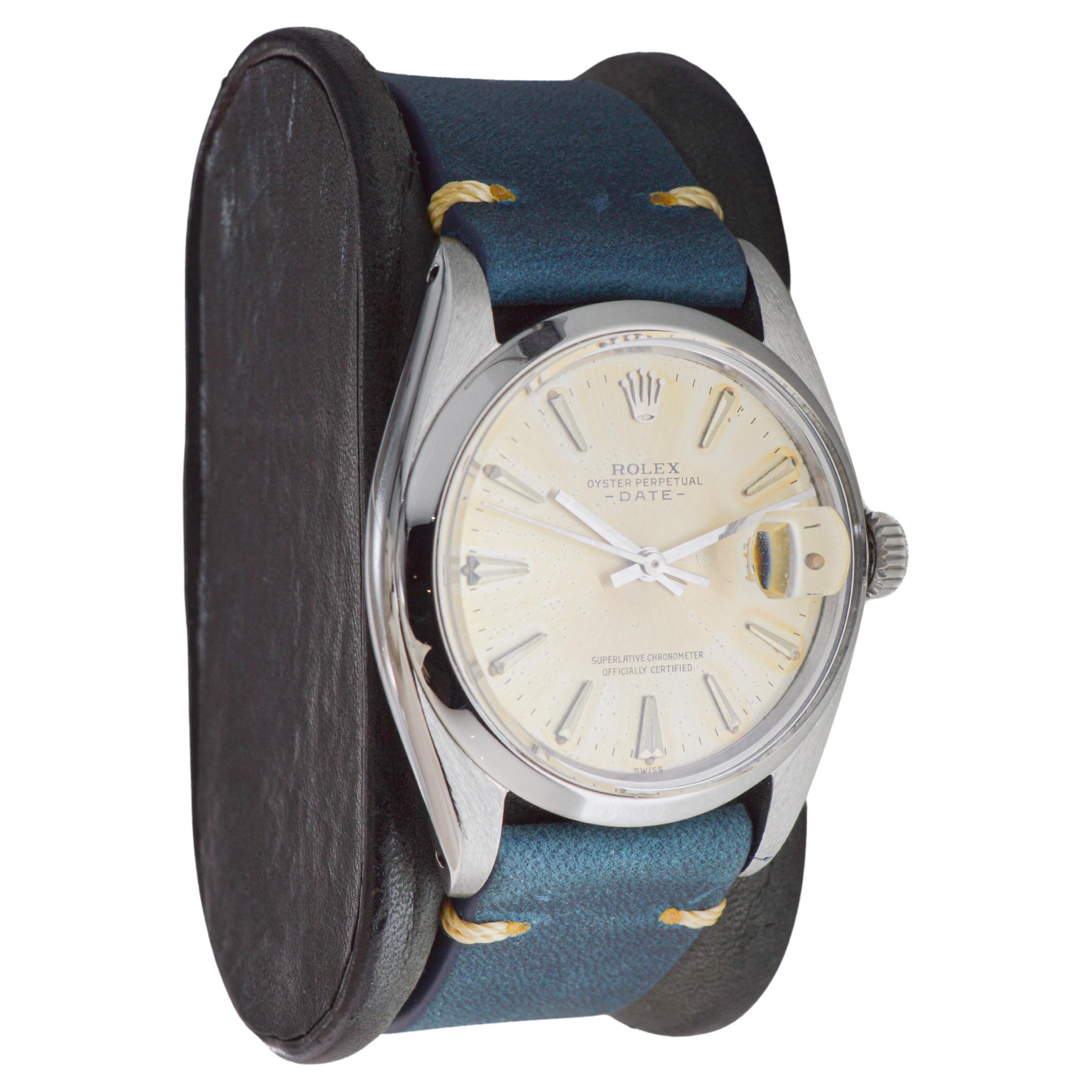 Modern Rolex Steel Oyster Perpetual Date with Original Silvered Patina Dial 1960's For Sale