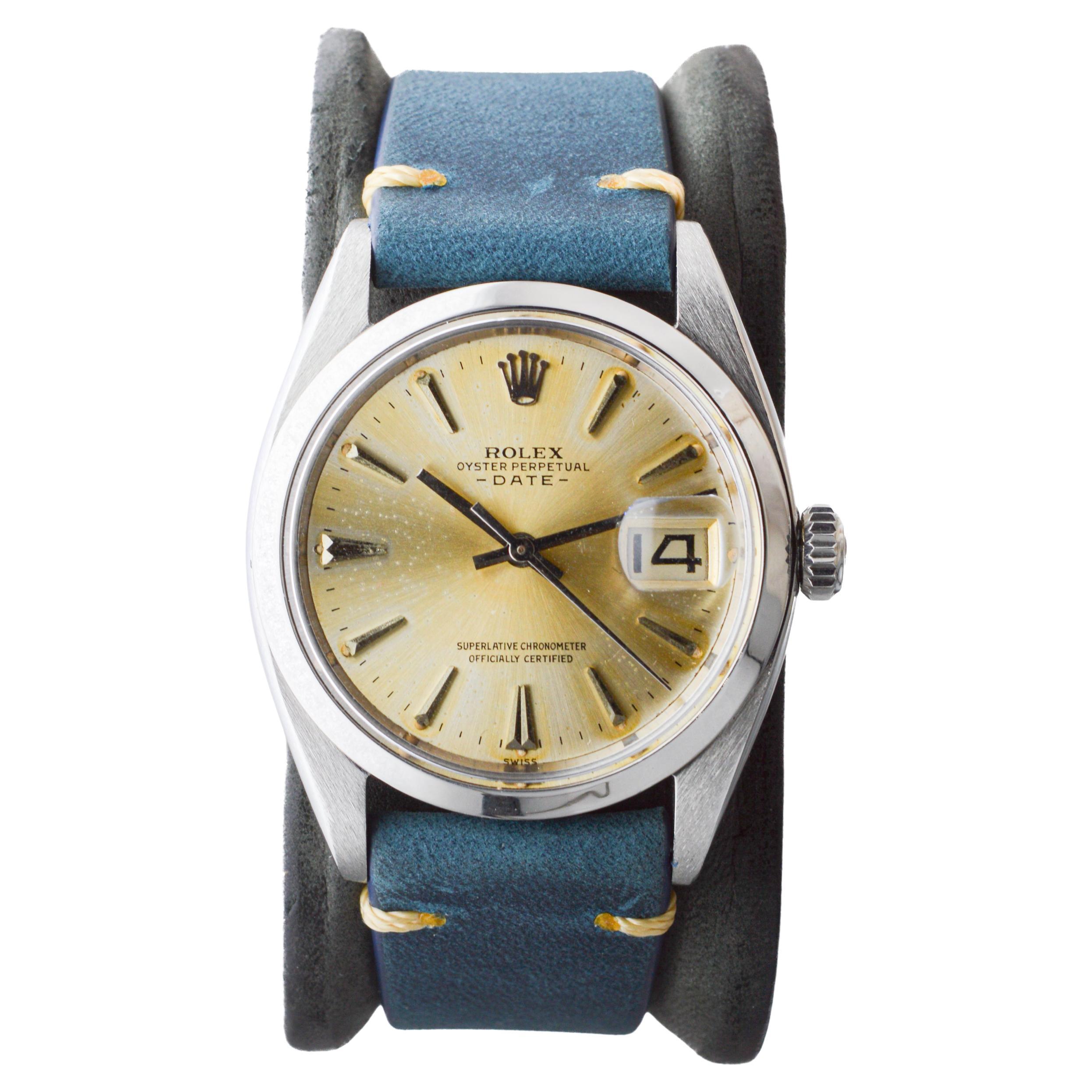 Rolex Steel Oyster Perpetual Date with Original Silvered Patina Dial 1960's In Excellent Condition For Sale In Long Beach, CA
