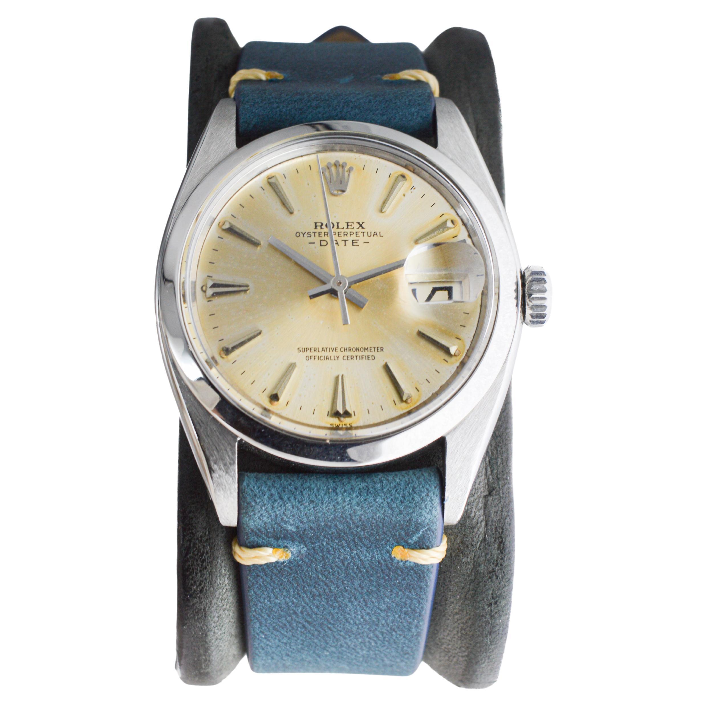 Women's or Men's Rolex Steel Oyster Perpetual Date with Original Silvered Patina Dial 1960's For Sale