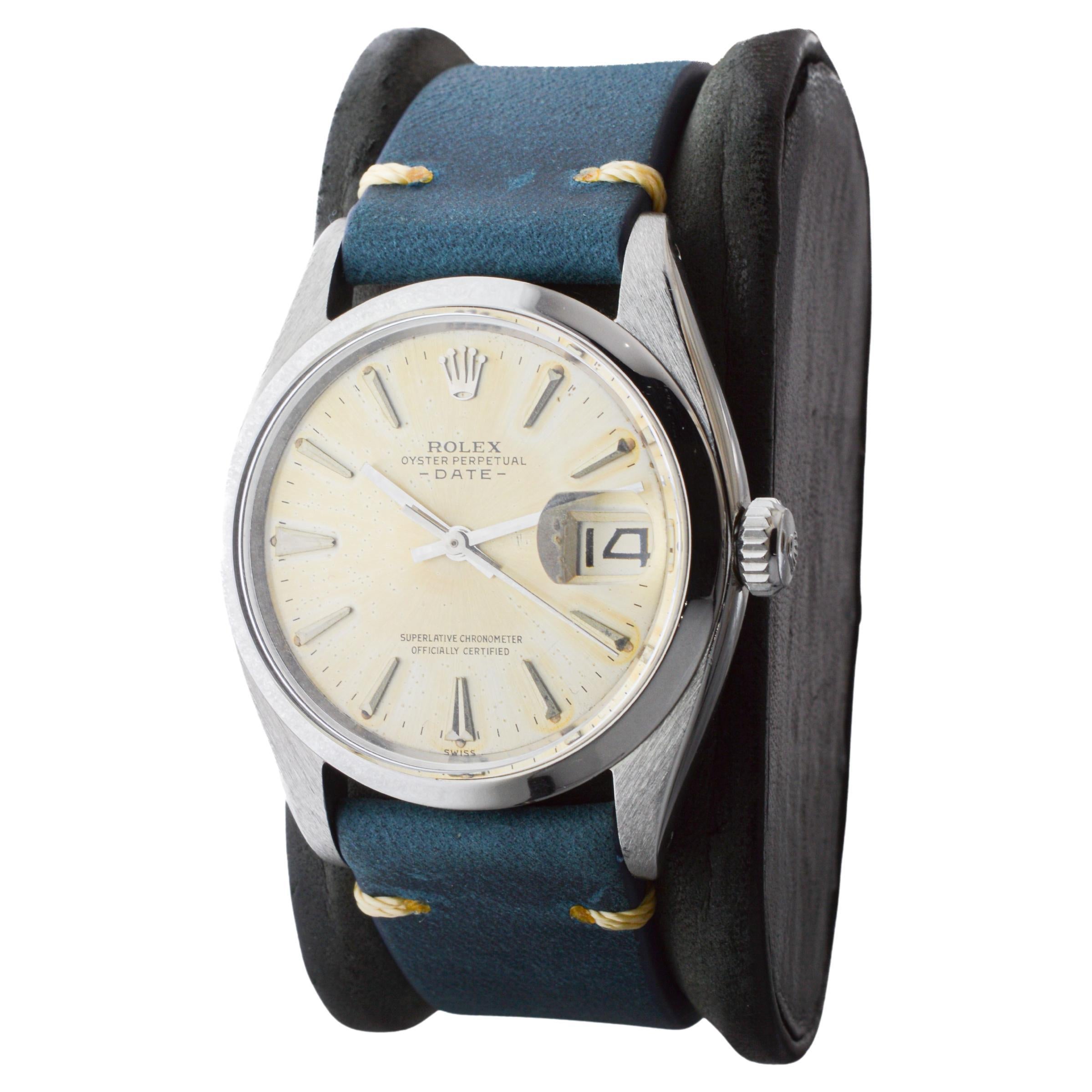 Rolex Steel Oyster Perpetual Date with Original Silvered Patina Dial 1960's For Sale 1