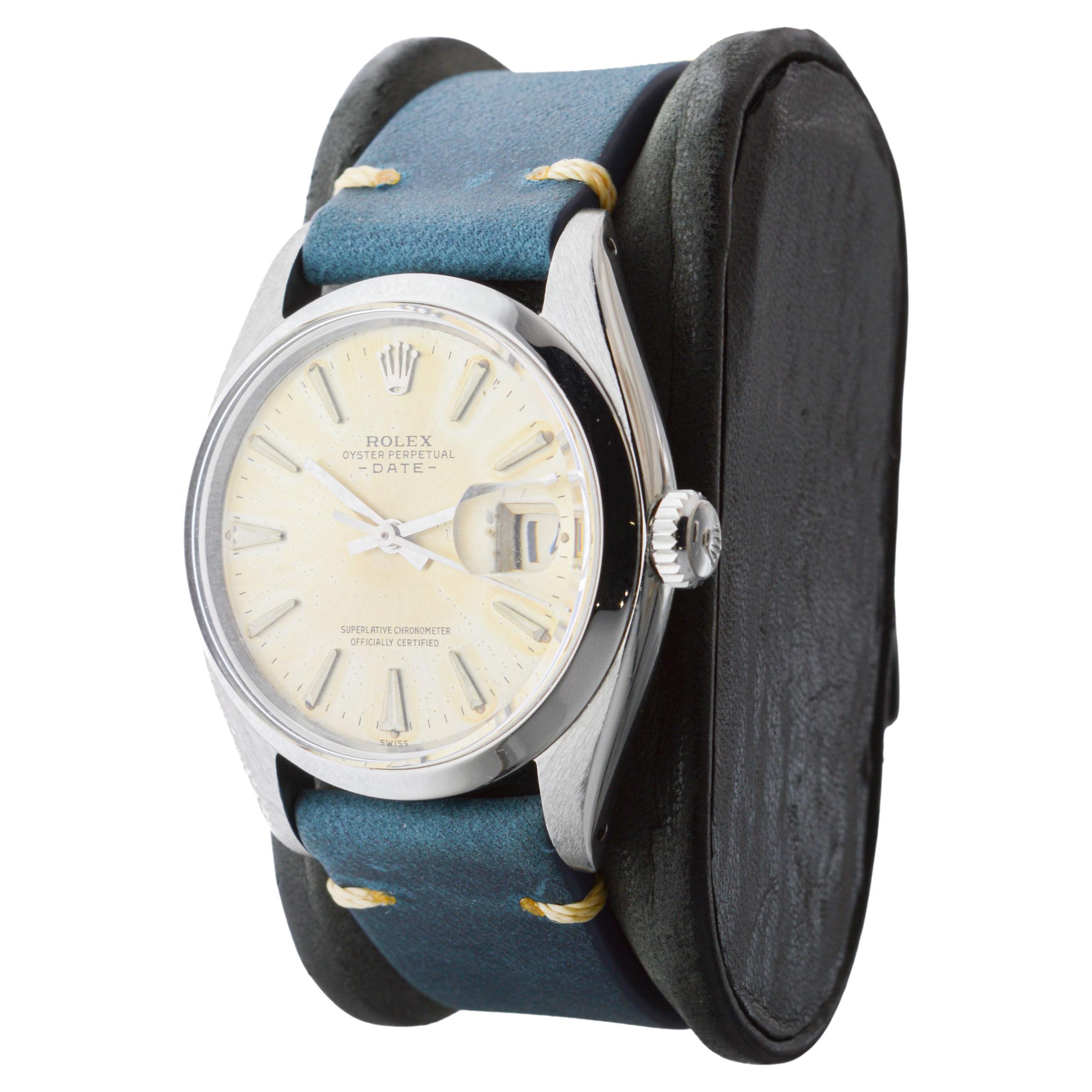 Rolex Steel Oyster Perpetual Date with Original Silvered Patina Dial 1960's For Sale 2