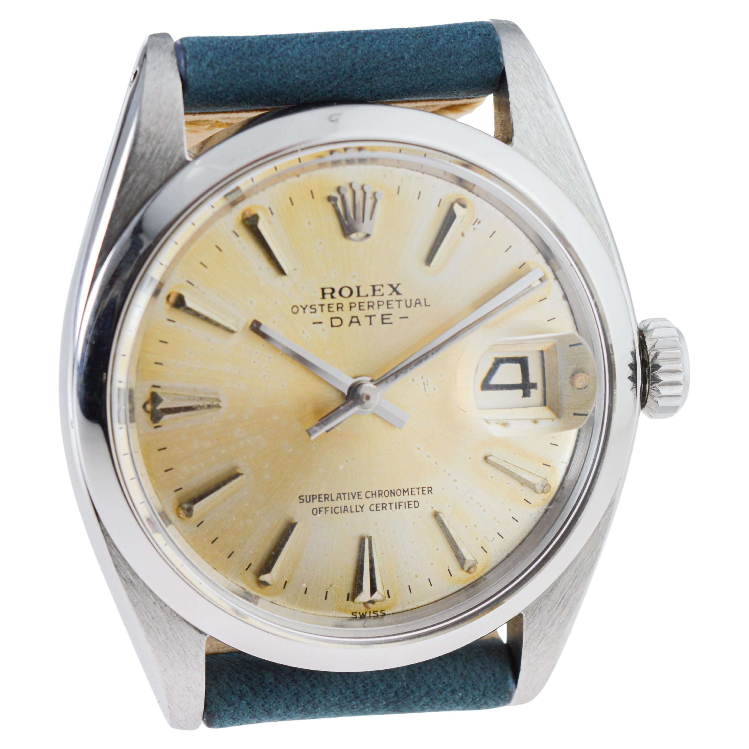 Rolex Steel Oyster Perpetual Date with Original Silvered Patina Dial 1960's For Sale 4