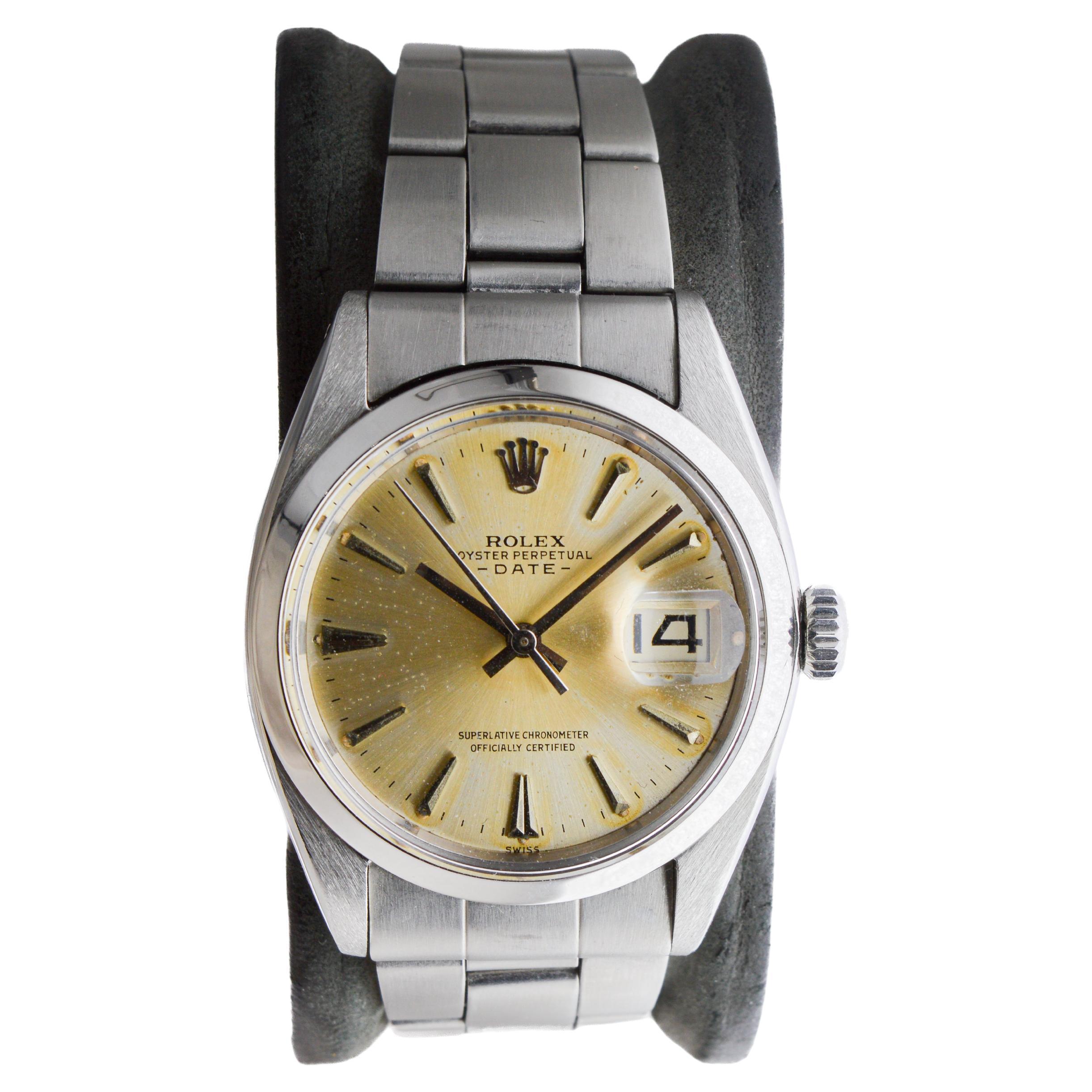 Modern Rolex Steel Oyster Perpetual Date with Original Silvered Patina Dial From 1962 For Sale