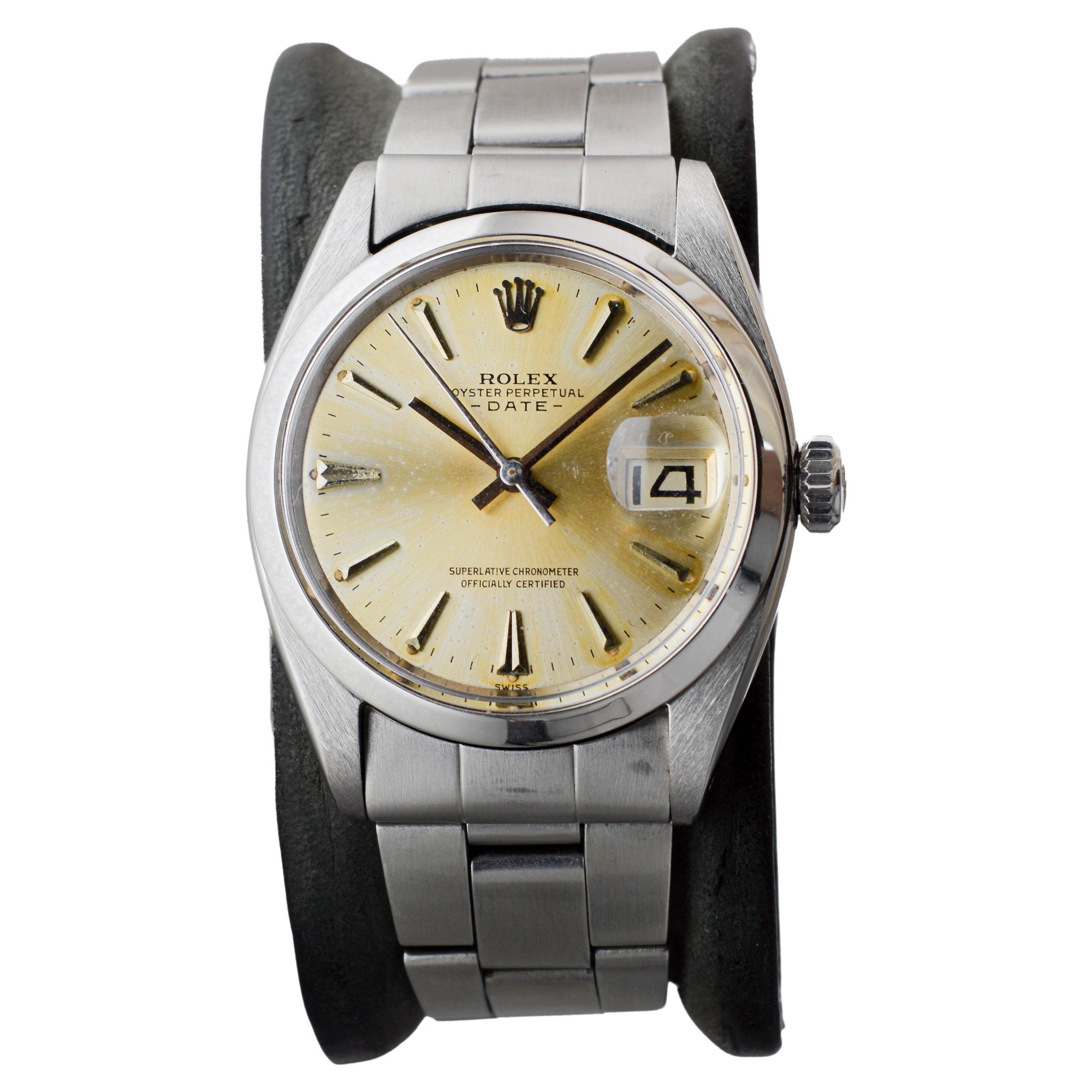 Rolex Steel Oyster Perpetual Date with Original Silvered Patina Dial From 1962 In Excellent Condition For Sale In Long Beach, CA