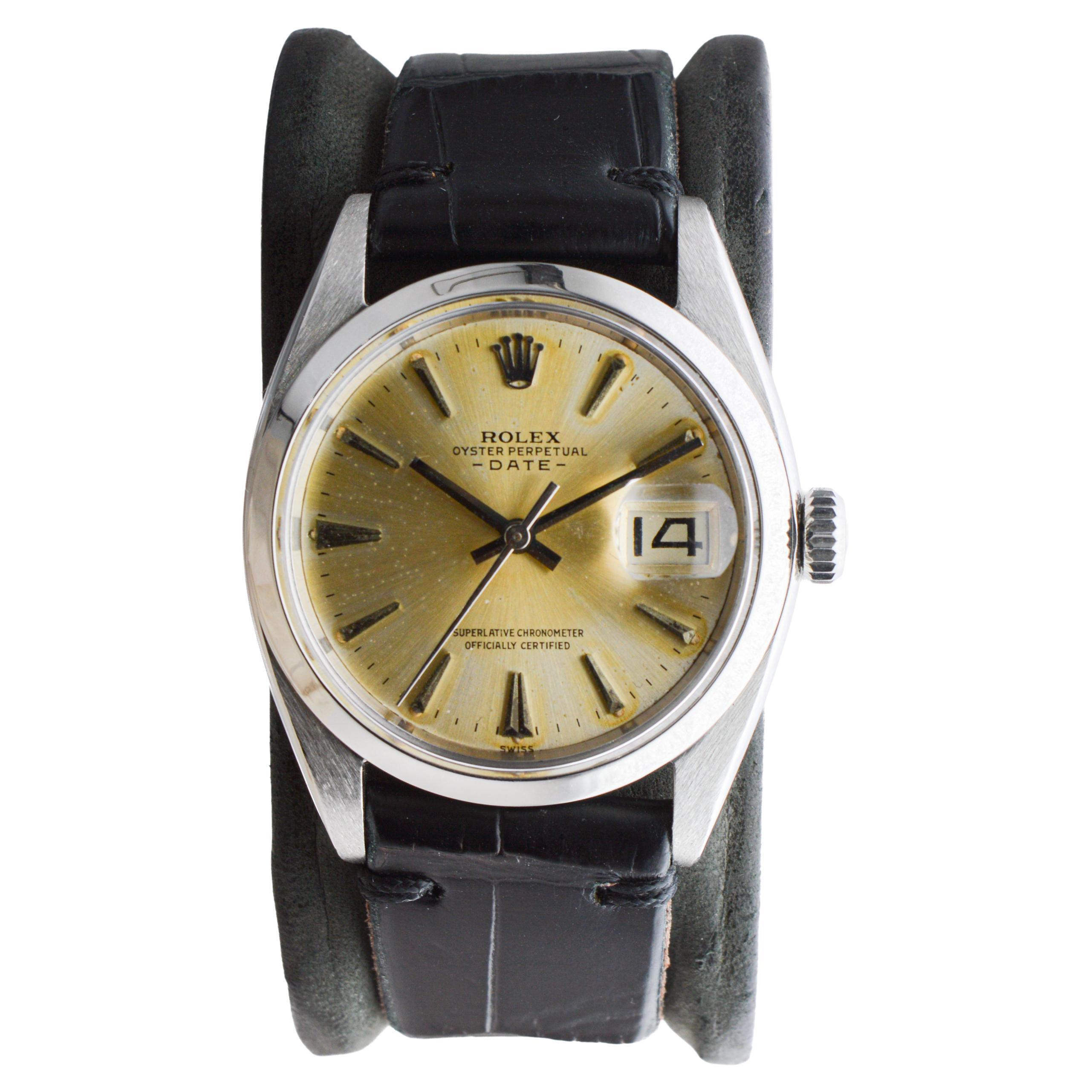 Rolex Steel Oyster Perpetual Date with Original Silvered Patina Dial From 1962 In Excellent Condition For Sale In Long Beach, CA