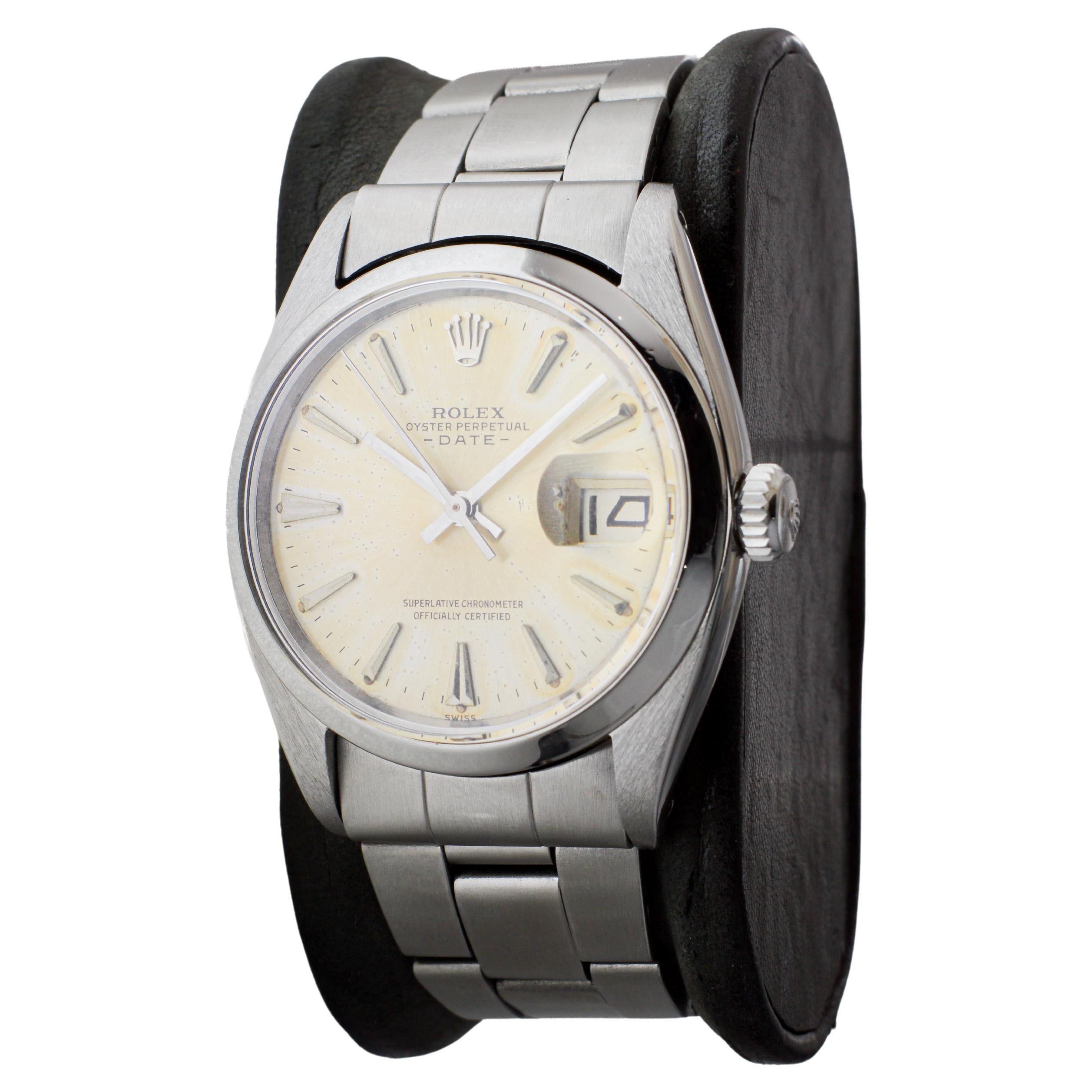 Women's or Men's Rolex Steel Oyster Perpetual Date with Original Silvered Patina Dial From 1962 For Sale