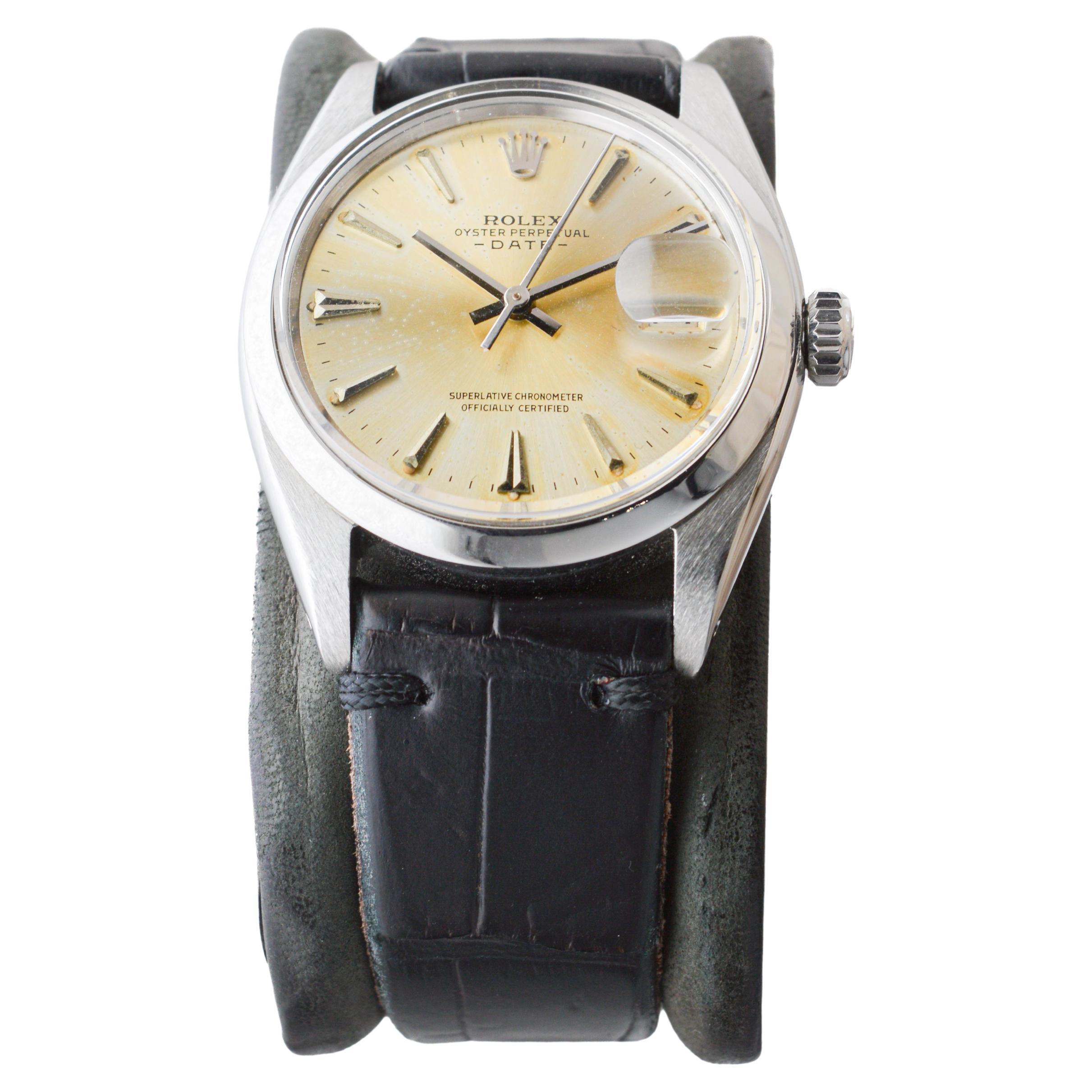 Women's or Men's Rolex Steel Oyster Perpetual Date with Original Silvered Patina Dial From 1962 For Sale