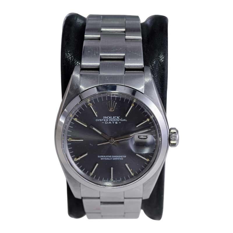 Modernist Rolex Steel Oyster Perpetual Date with Rare Factory Original Charcoal Dial 1970 For Sale