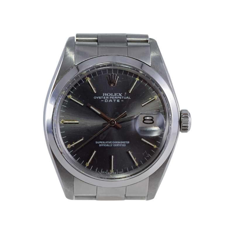 Women's or Men's Rolex Steel Oyster Perpetual Date with Rare Factory Original Charcoal Dial 1970 For Sale