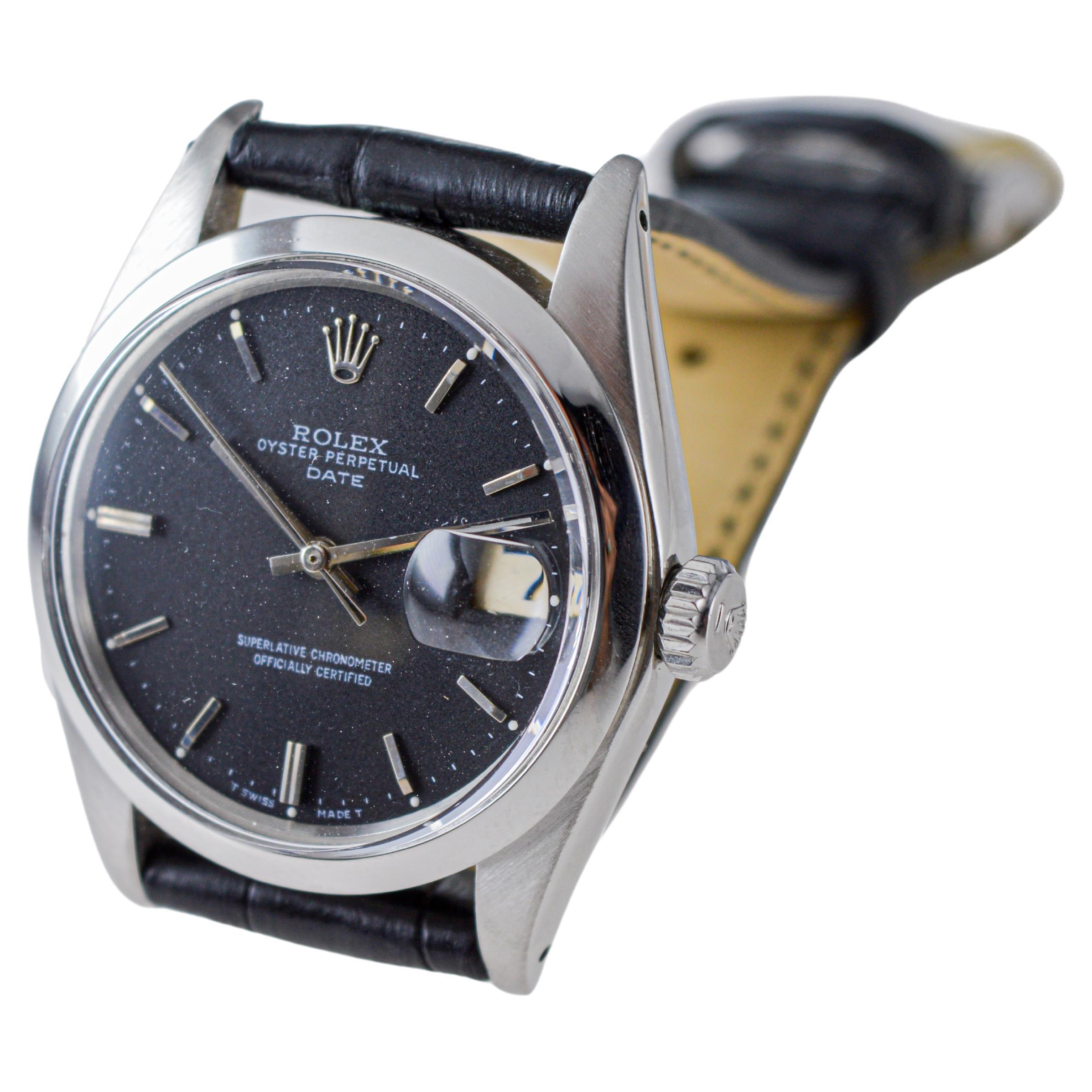 Rolex Steel Oyster Perpetual Date with Rare Flawless Black Dial circa, 1970's For Sale 5