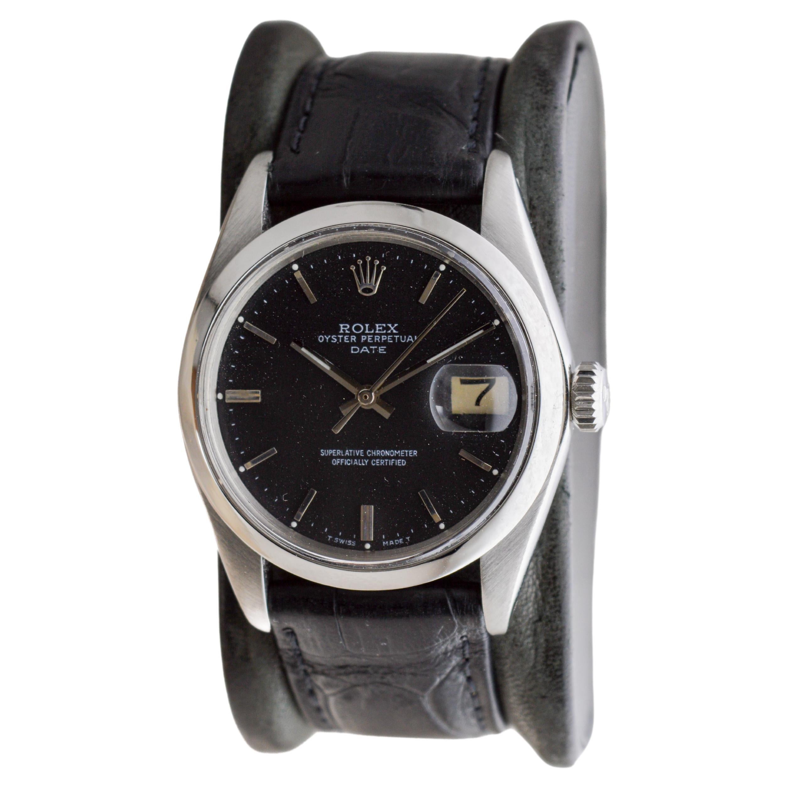 Women's or Men's Rolex Steel Oyster Perpetual Date with Rare Flawless Black Dial circa, 1970's For Sale