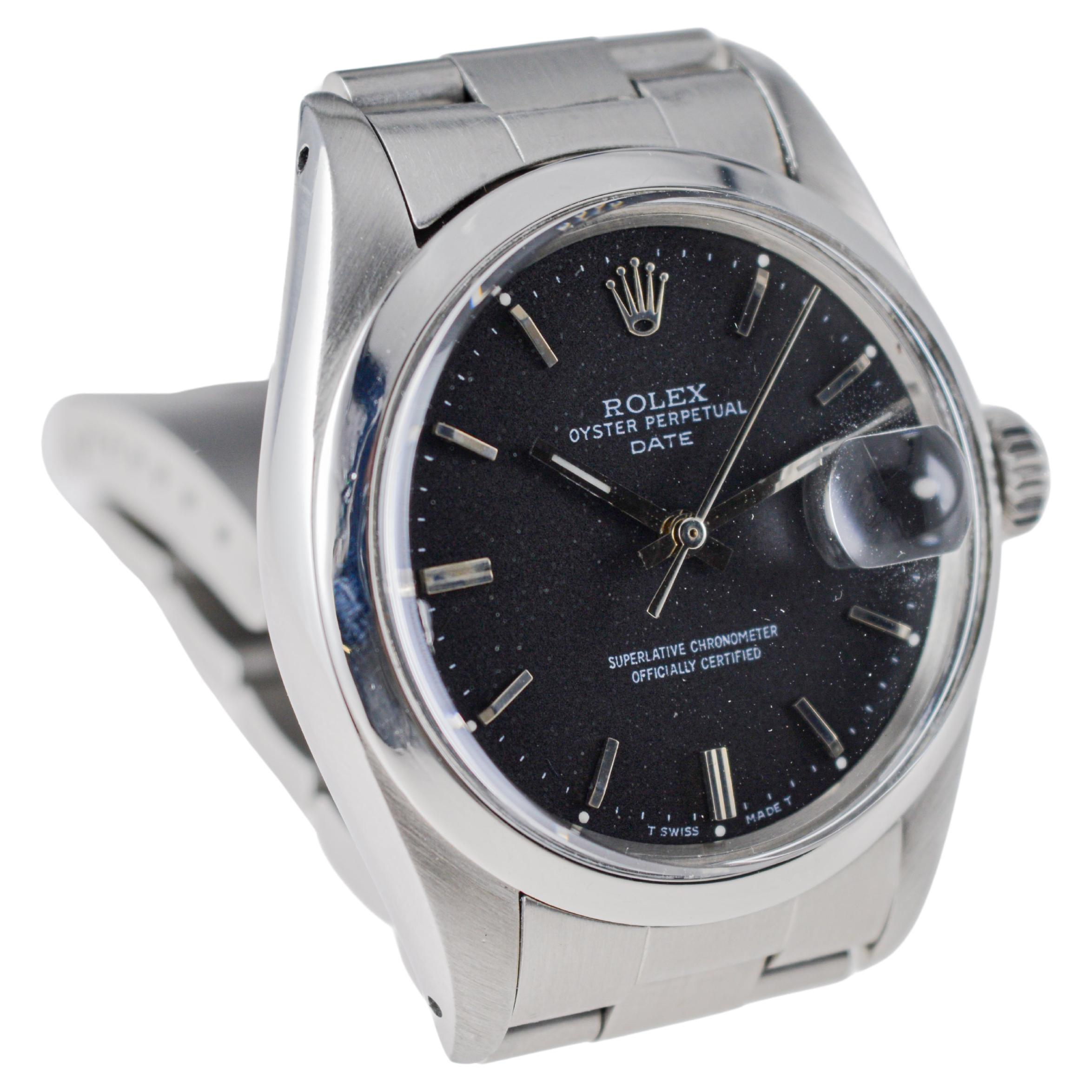 Rolex Steel Oyster Perpetual Date mit seltenem makellosem schwarzem Zifferblatt circa 1970er Jahre im Angebot 1