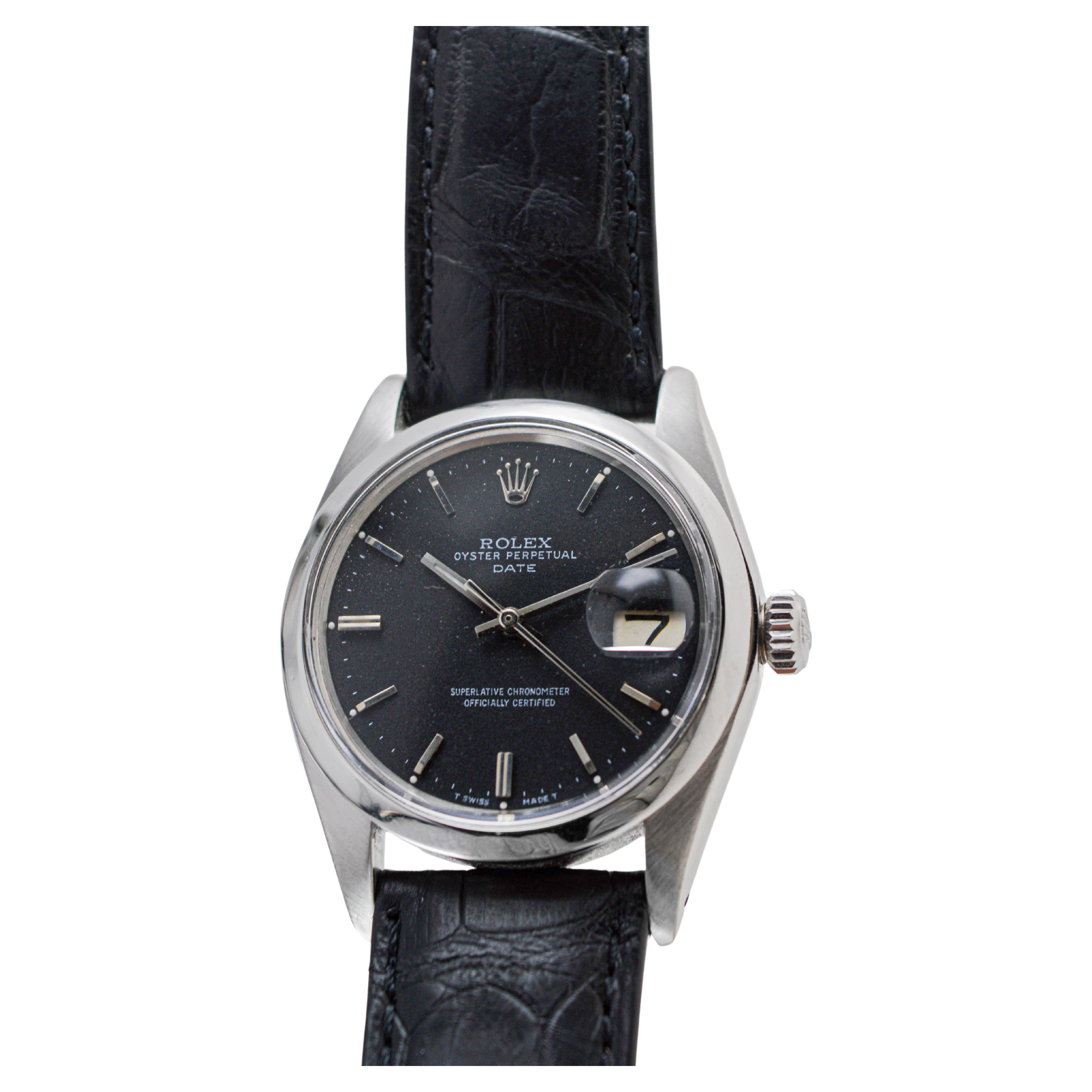 Rolex Steel Oyster Perpetual Date with Rare Flawless Black Dial circa, 1970's For Sale 2