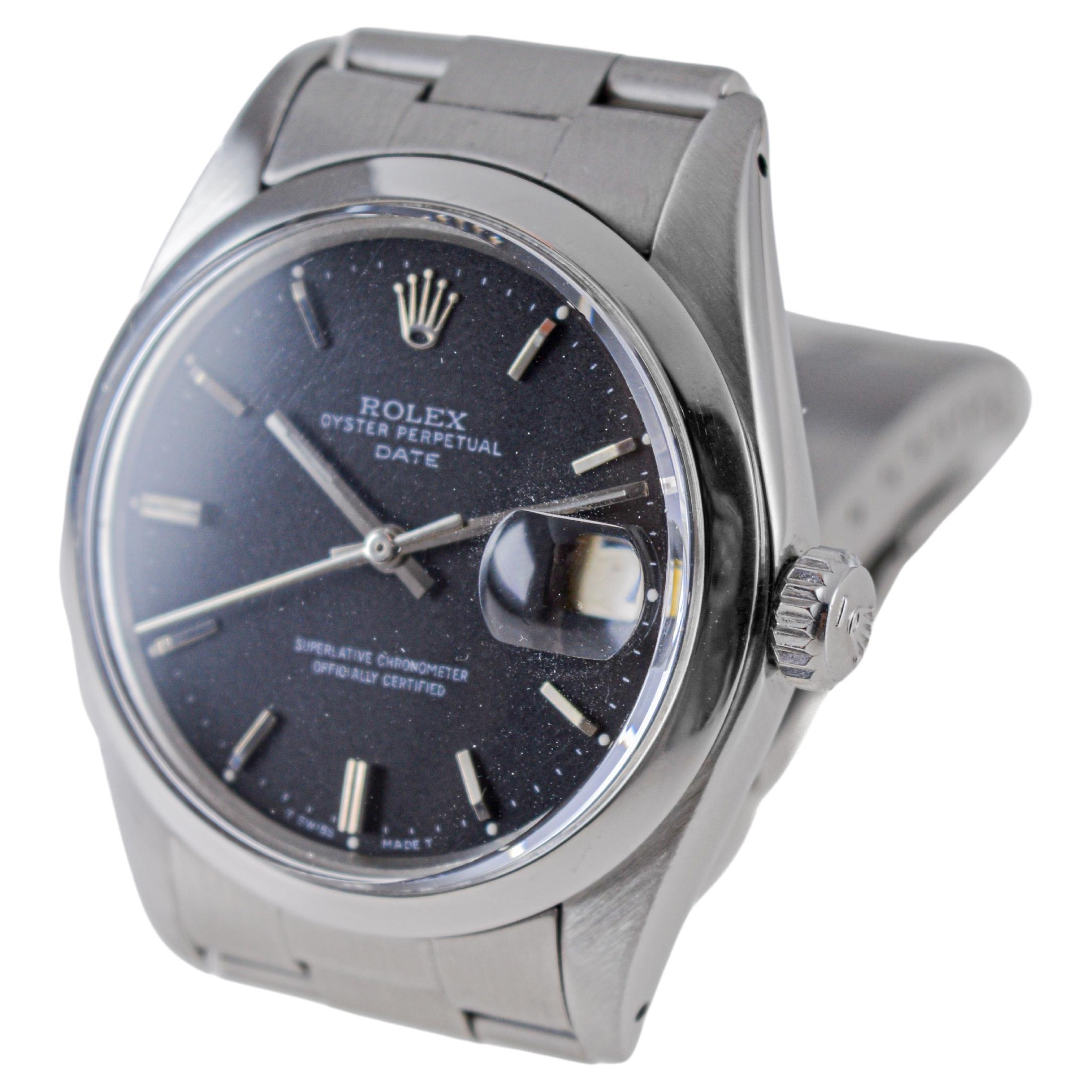 Rolex Steel Oyster Perpetual Date mit seltenem makellosem schwarzem Zifferblatt circa 1970er Jahre im Angebot 3