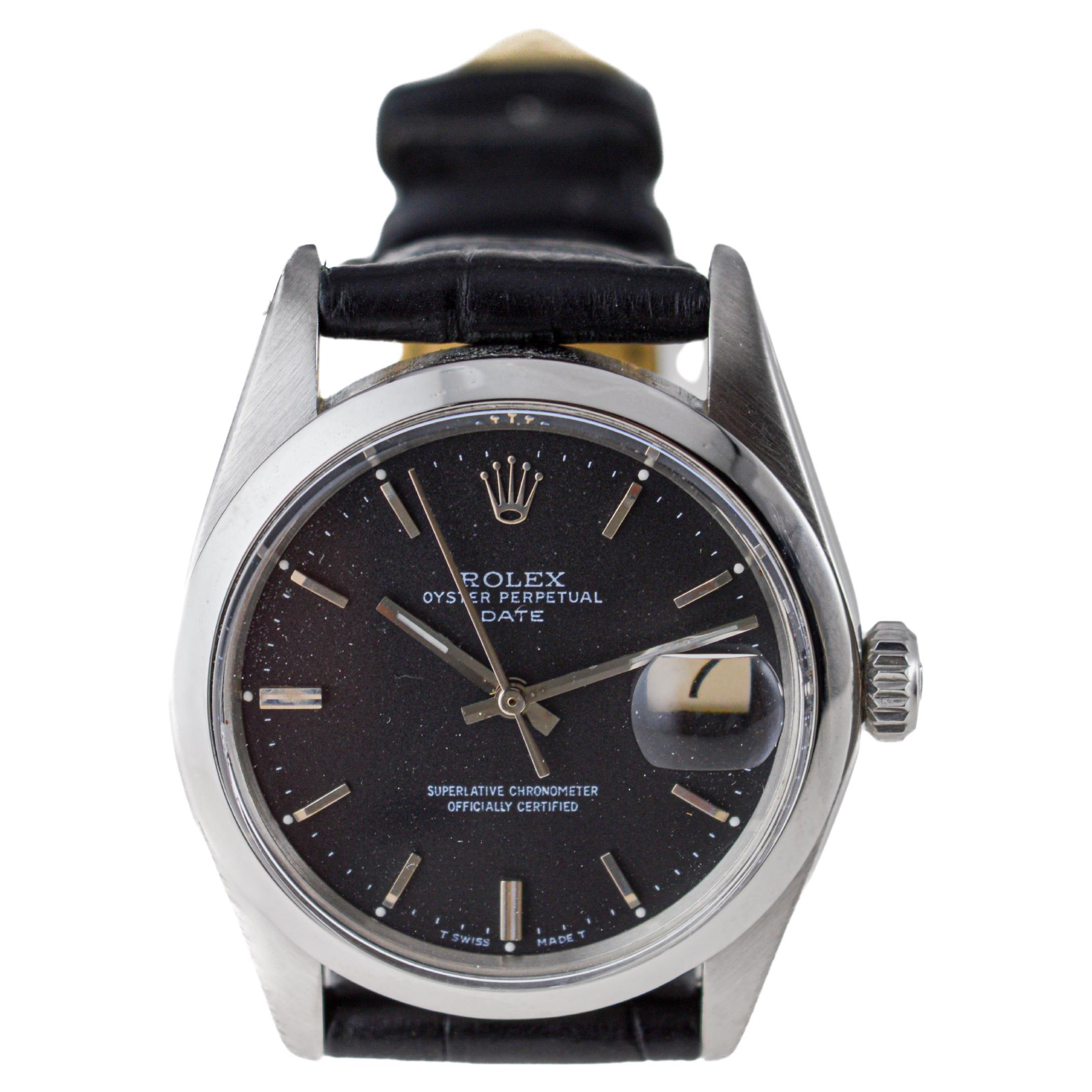 Rolex Steel Oyster Perpetual Date with Rare Flawless Black Dial circa, 1970's For Sale 4