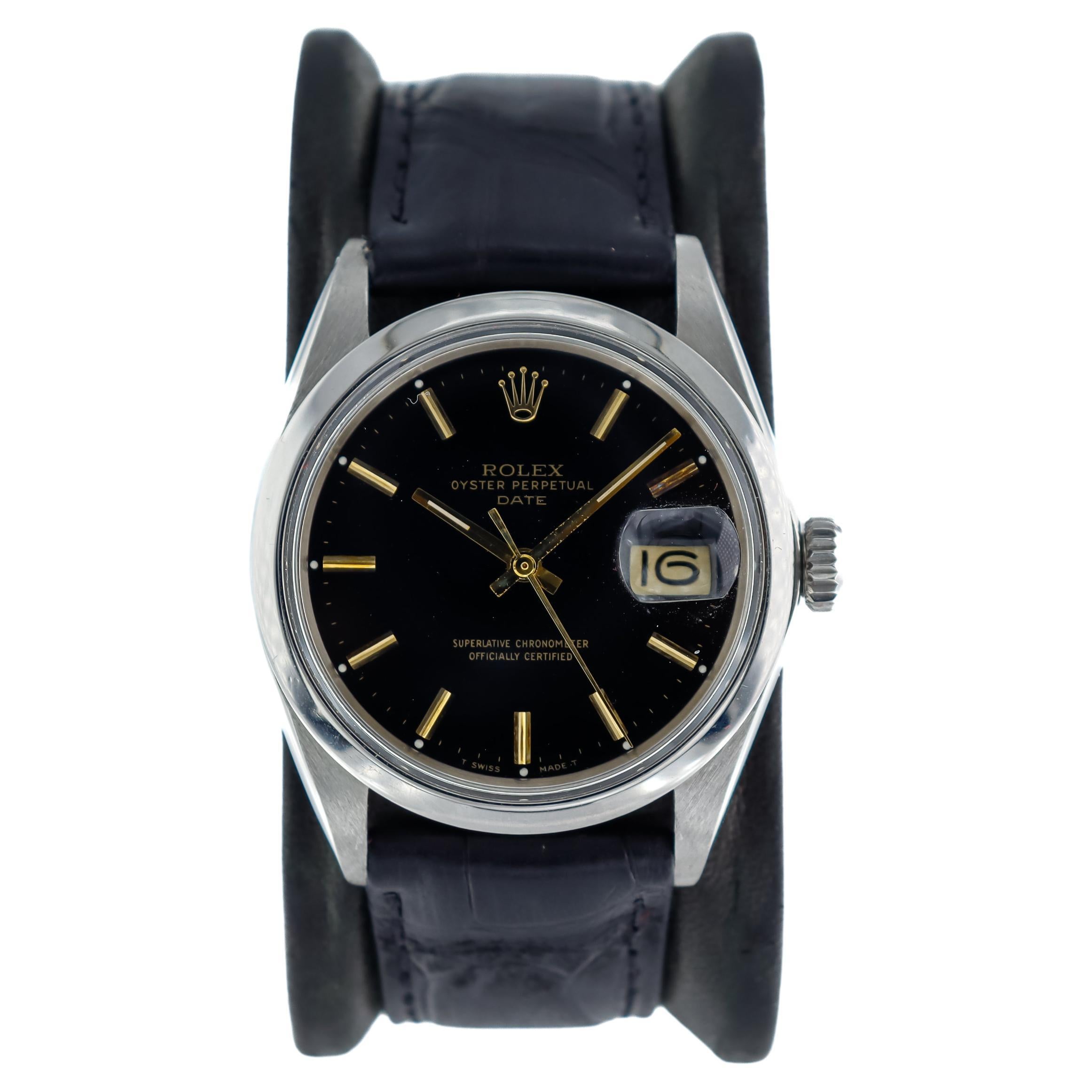 Rolex Stahl Oyster Perpetual Date mit seltenem originalem schwarzem Zifferblatt und vergoldeten Markierungen im Zustand „Hervorragend“ im Angebot in Long Beach, CA