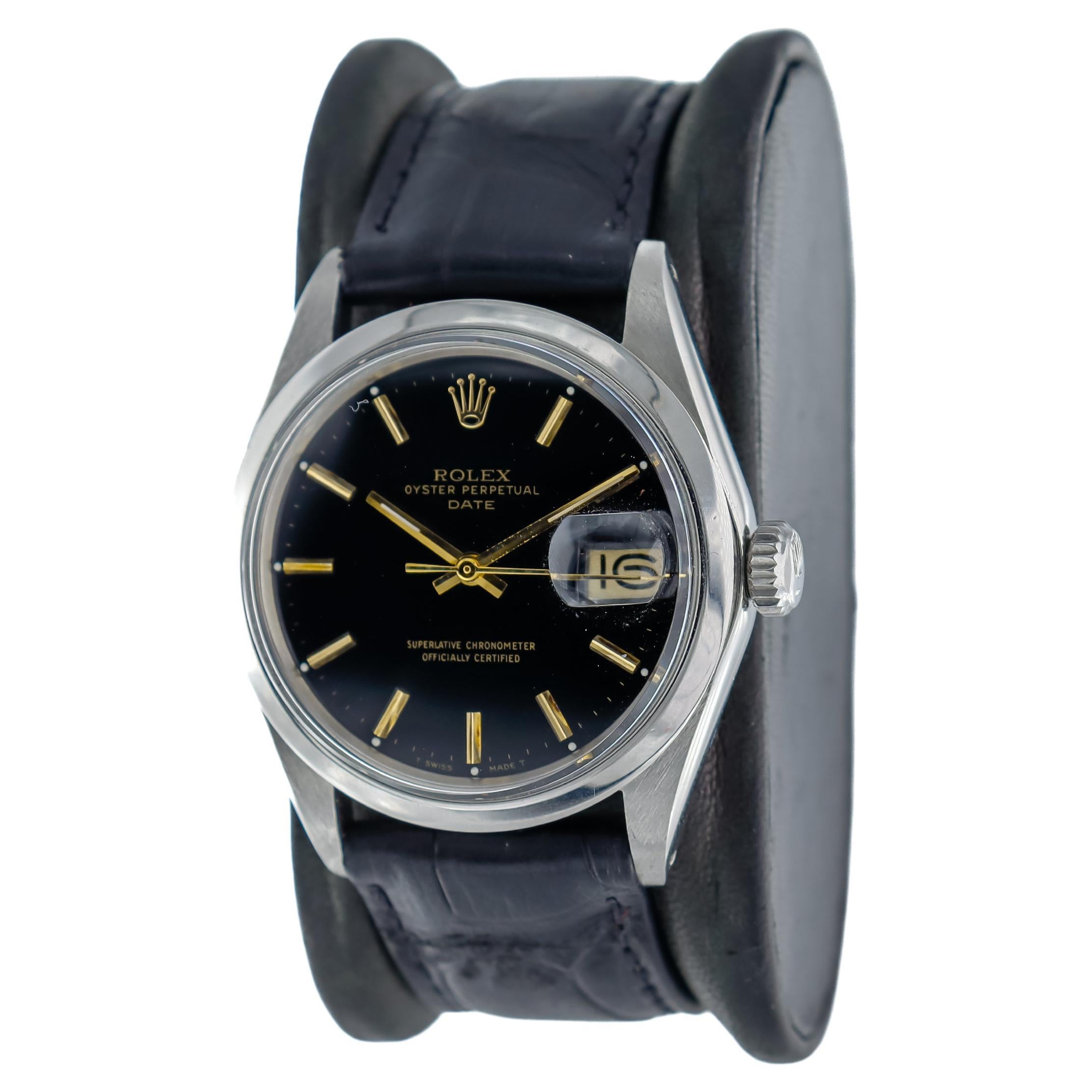 Rolex Stahl Oyster Perpetual Date mit seltenem originalem schwarzem Zifferblatt und vergoldeten Markierungen für Damen oder Herren im Angebot