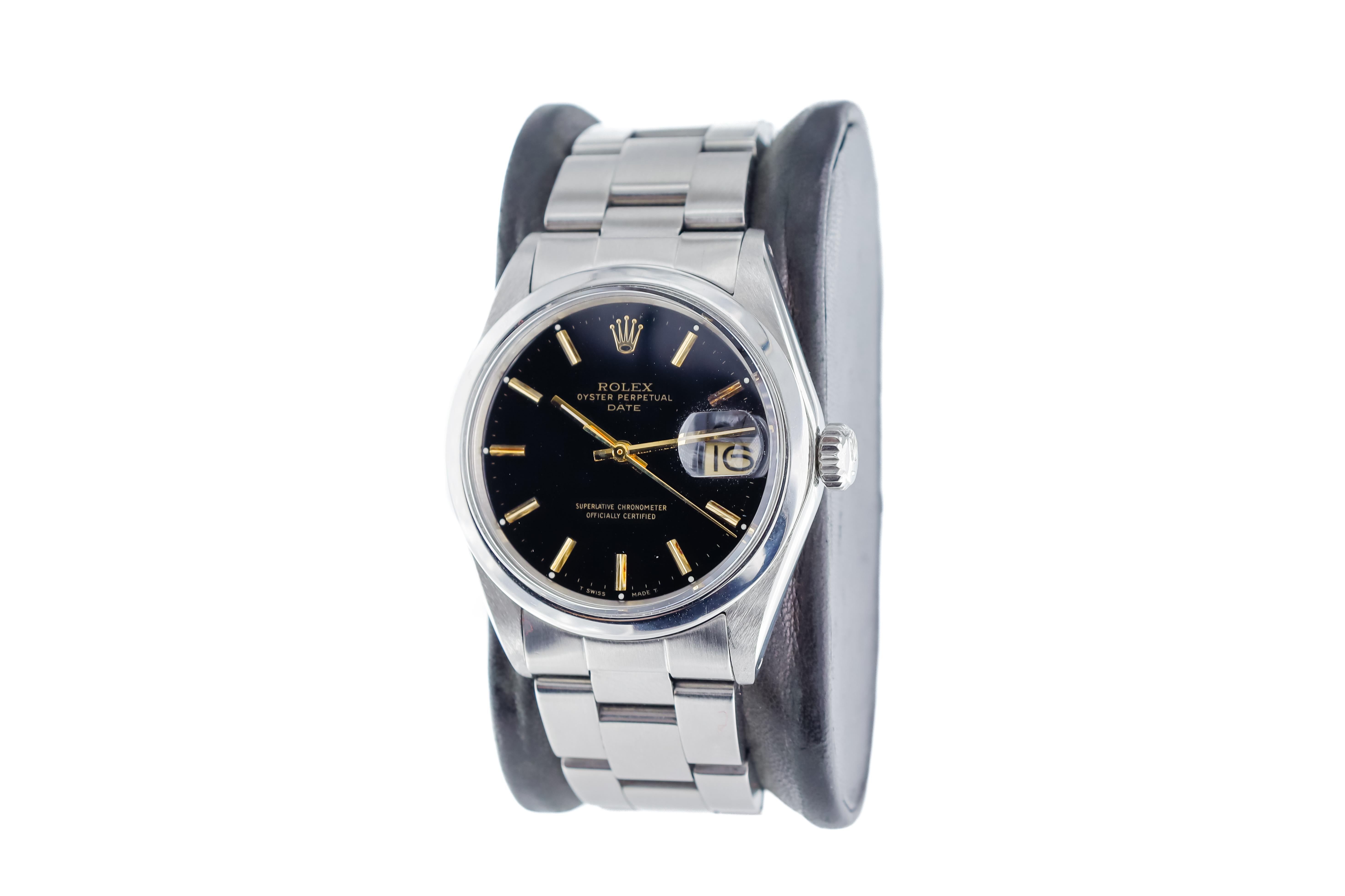 Modernist Rolex Steel Oyster Perpetual Date with Rare Original Black Dial and Gilt Markers