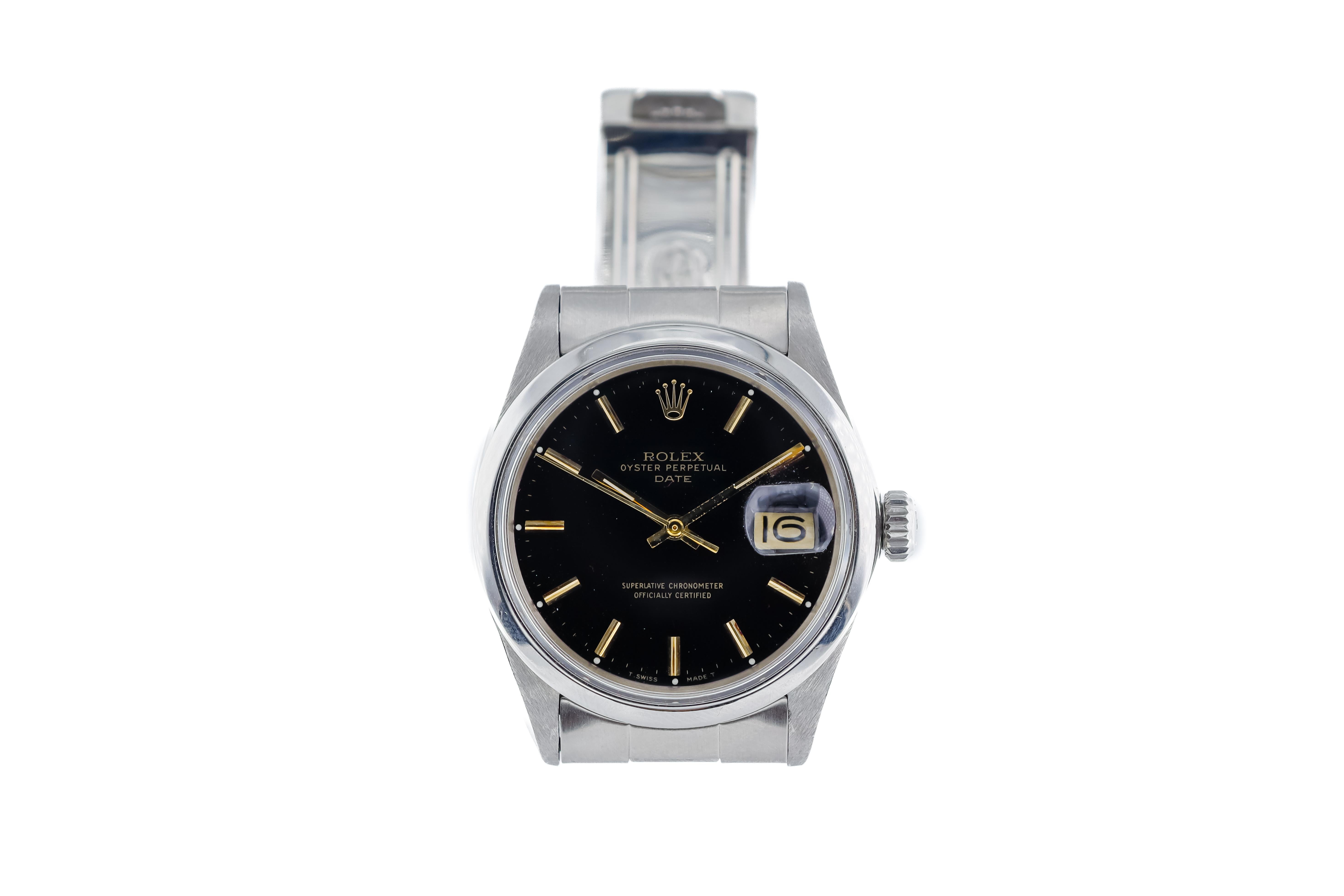 Rolex Steel Oyster Perpetual Date with Rare Original Black Dial and Gilt Markers In Excellent Condition In Long Beach, CA