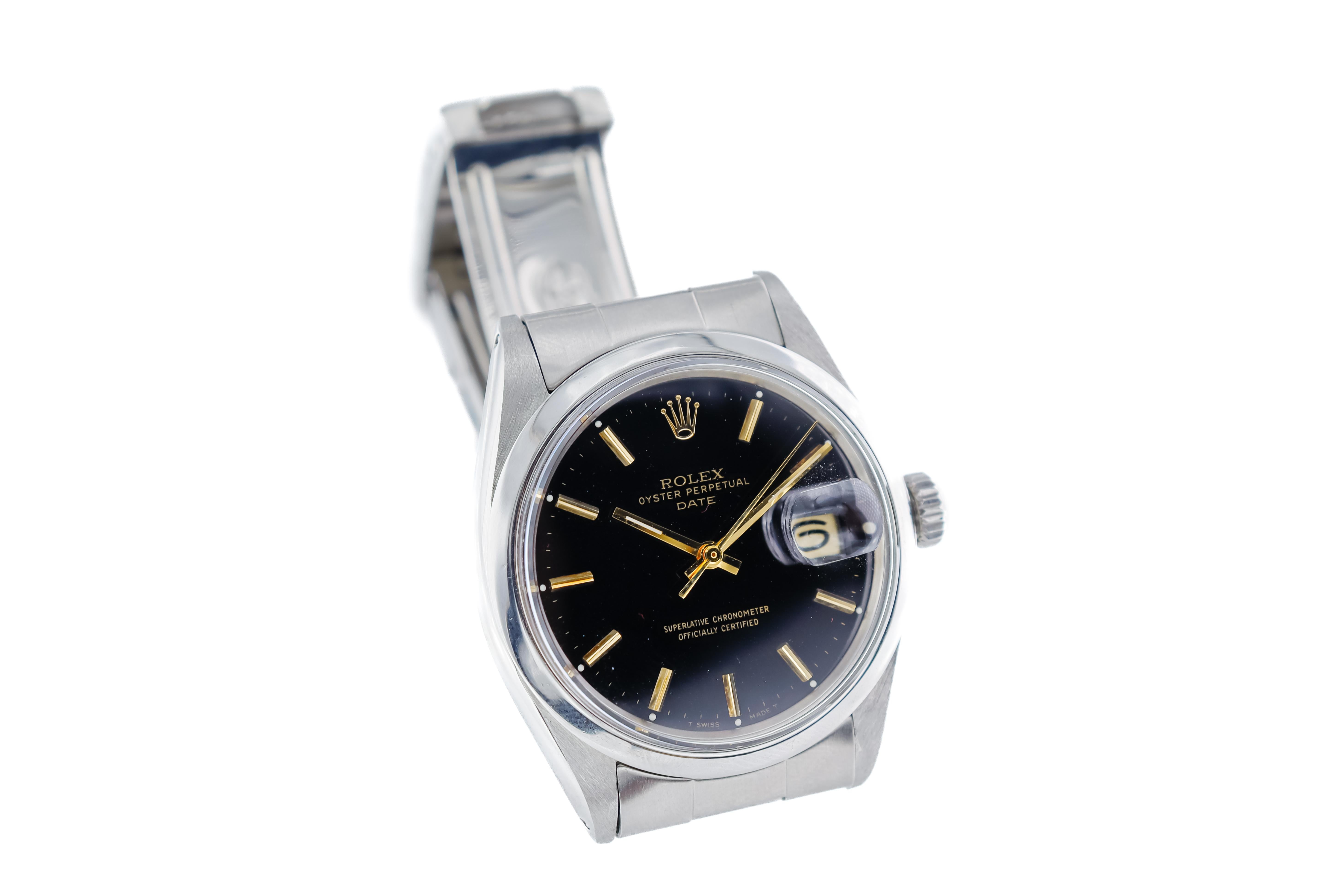Women's or Men's Rolex Steel Oyster Perpetual Date with Rare Original Black Dial and Gilt Markers