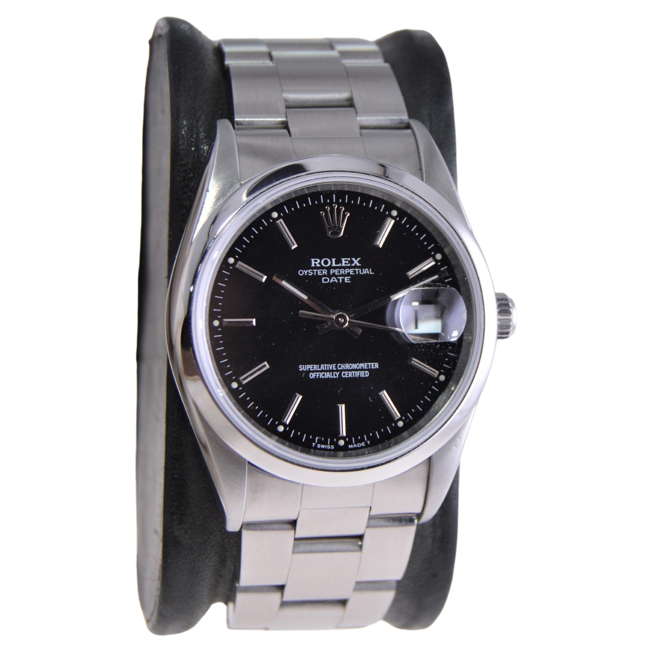 FACTORY / HOUSE: Rolex Watch Company
STYLE / REFERENCE: Oyster Perpetual Date / Reference 15200
METAL / MATERIAL: Stainless Steel
CIRCA / YEAR: 1995
DIMENSIONS / SIZE:  Length 43mm  X Diameter 35mm 
MOVEMENT / CALIBER: Perpetual Winding / 26 Jewels