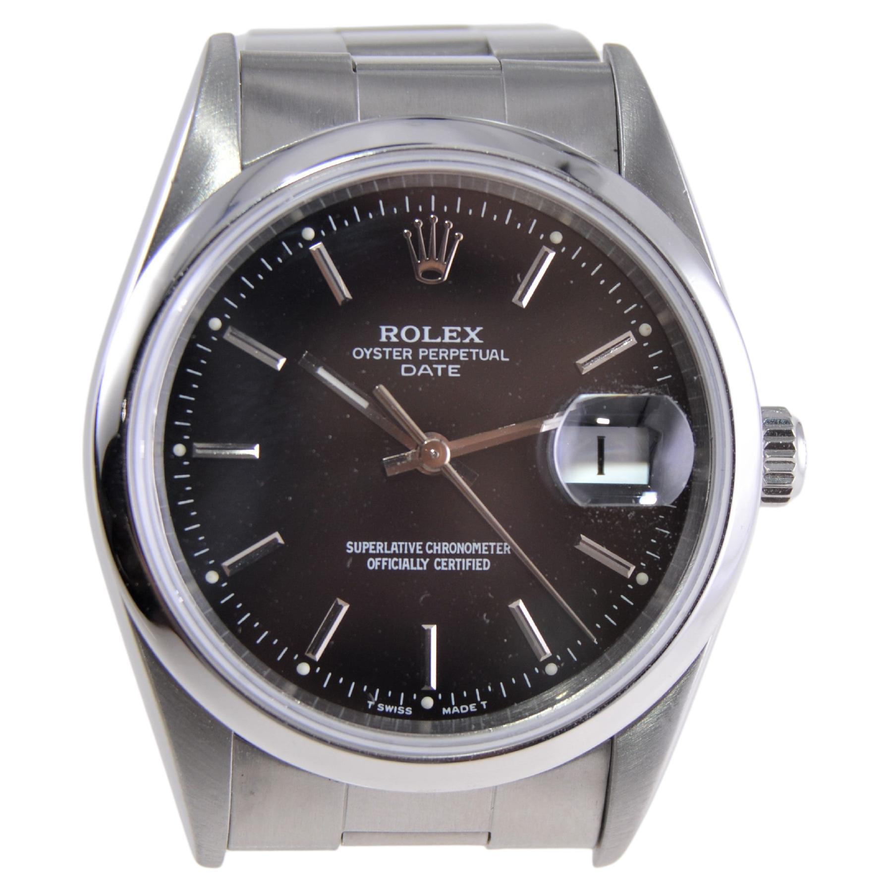 Modern Rolex Steel Oyster Perpetual Date with Rare Original Black Dial from 1995 For Sale