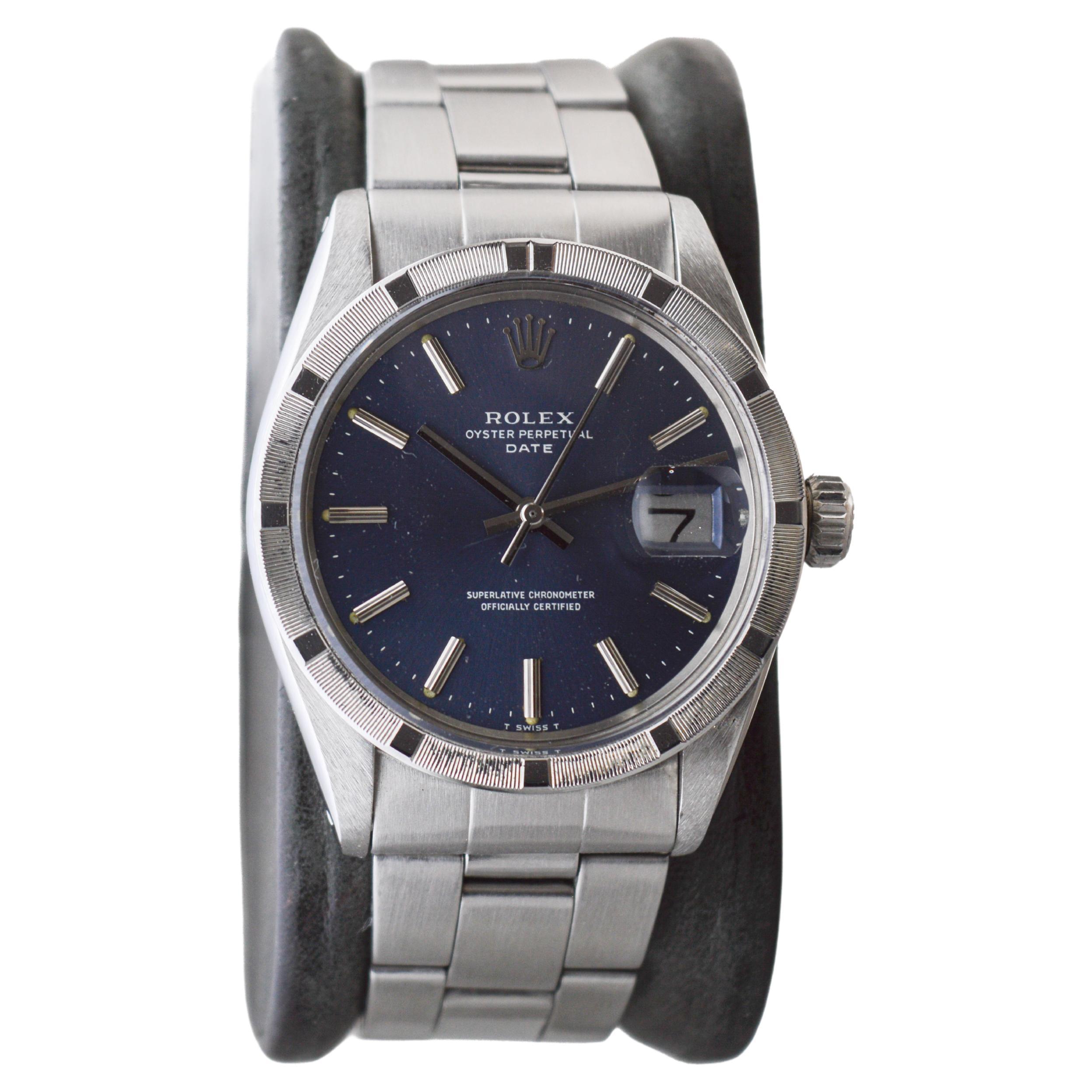 Rolex Steel Oyster Perpetual Date mit seltenem blauen Original-Zifferblatt, ca. 1970er Jahre (Moderne)