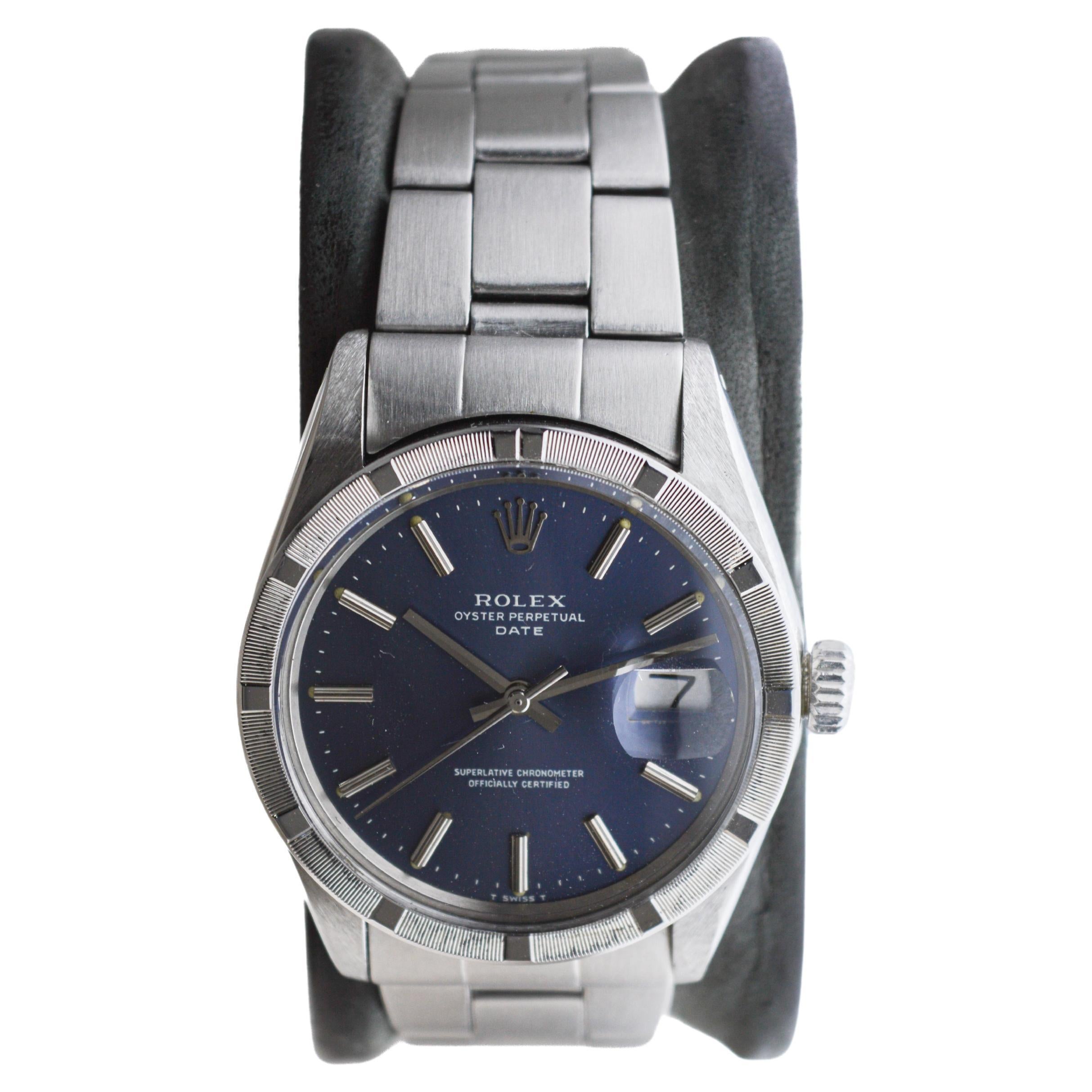 Rolex Steel Oyster Perpetual Date mit seltenem blauen Original-Zifferblatt, ca. 1970er Jahre im Zustand „Hervorragend“ in Long Beach, CA