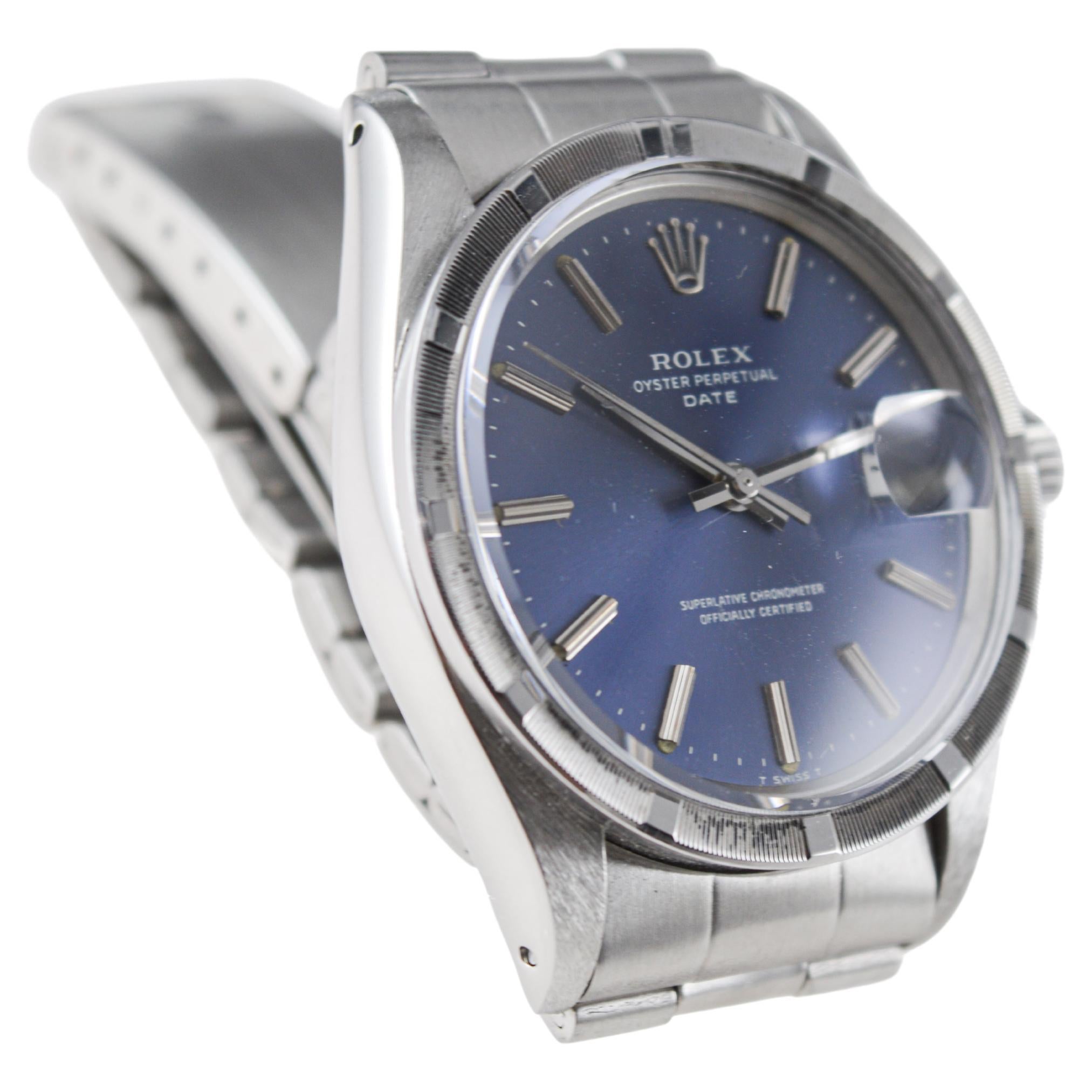 Rolex Steel Oyster Perpetual Date mit seltenem blauen Original-Zifferblatt, ca. 1970er Jahre 1