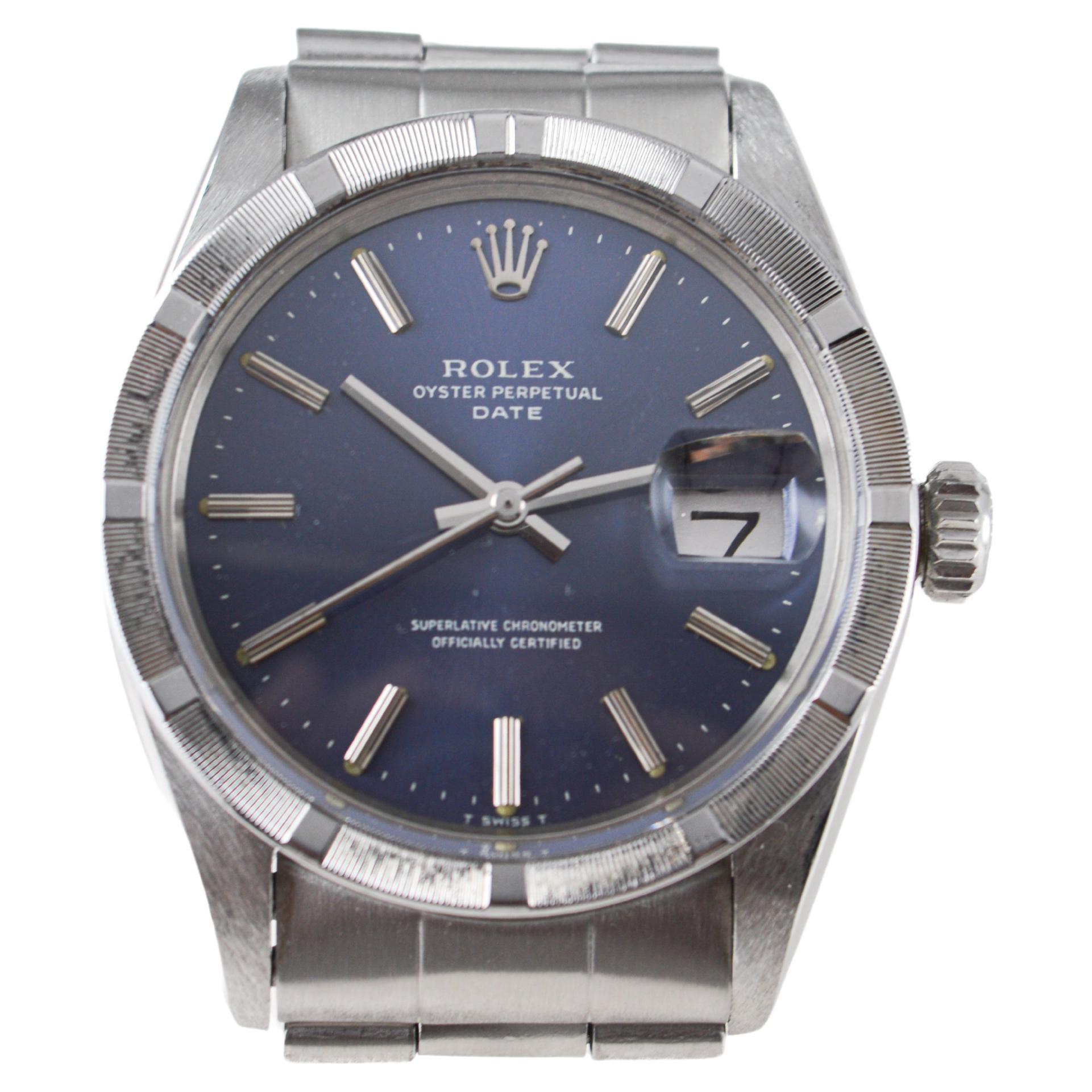 Rolex Steel Oyster Perpetual Date mit seltenem blauen Original-Zifferblatt, ca. 1970er Jahre 2