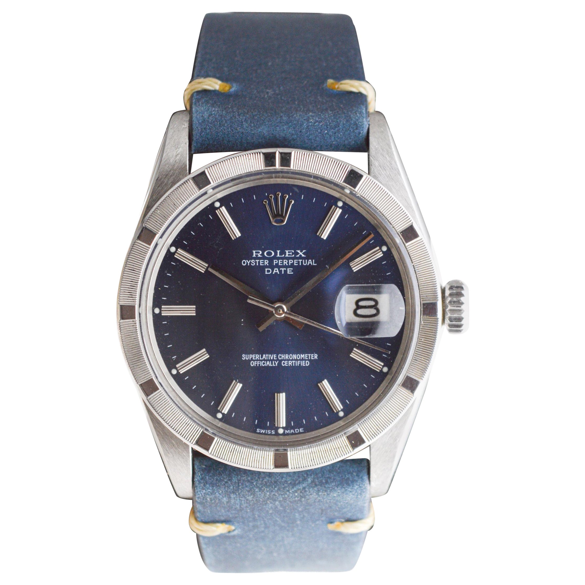 Rolex Steel Oyster Perpetual Date with Rare Original Blue Dial, circa 1970
s