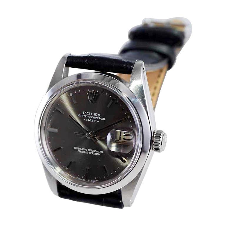 Rolex Steel Oyster Perpetual Date with Rare Original Charcoal Dial, 1960's For Sale 2
