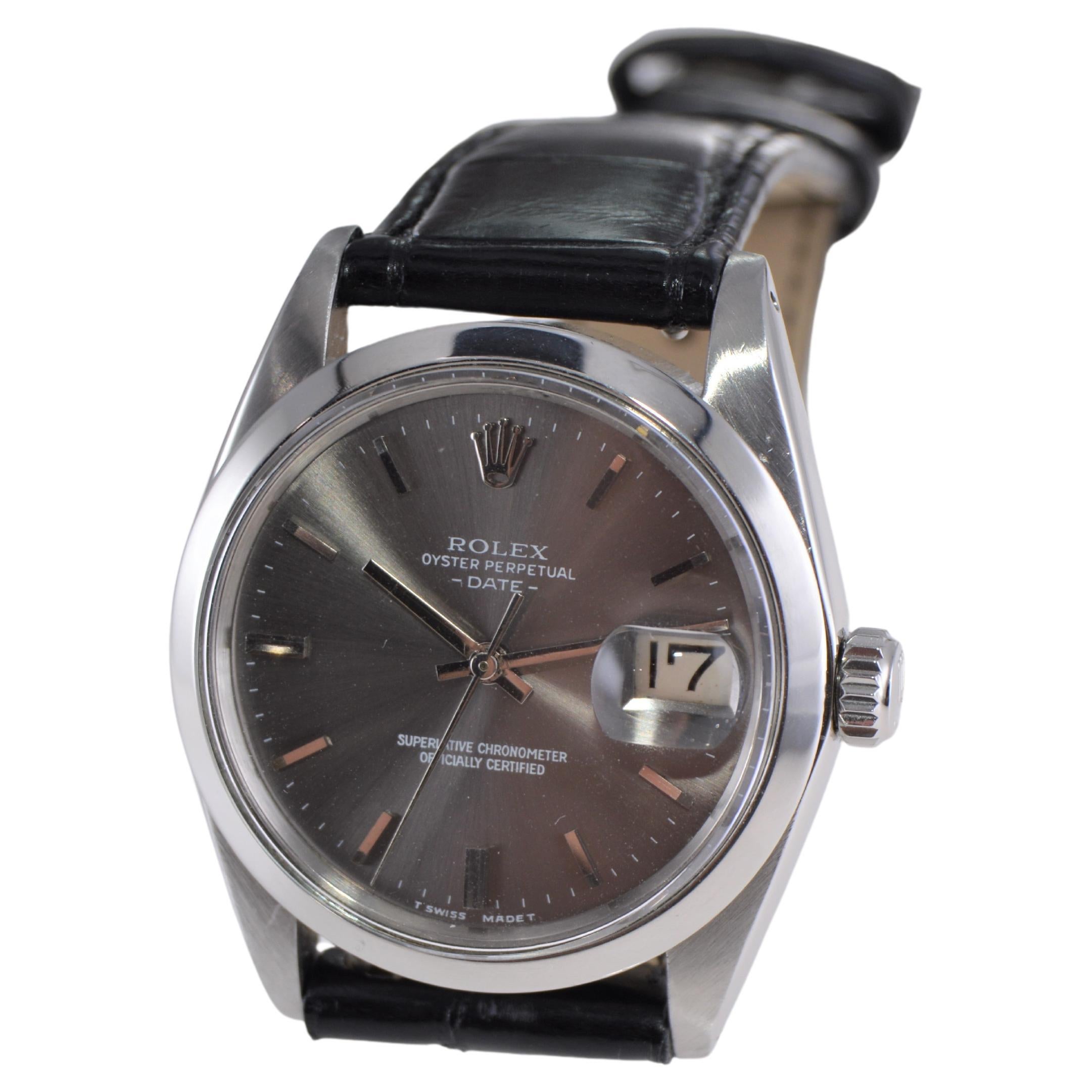 Modernist Rolex Steel Oyster Perpetual Date with Rare Original Charcoal Dial, 1960's For Sale