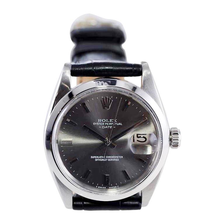 Women's or Men's Rolex Steel Oyster Perpetual Date with Rare Original Charcoal Dial, 1960's For Sale